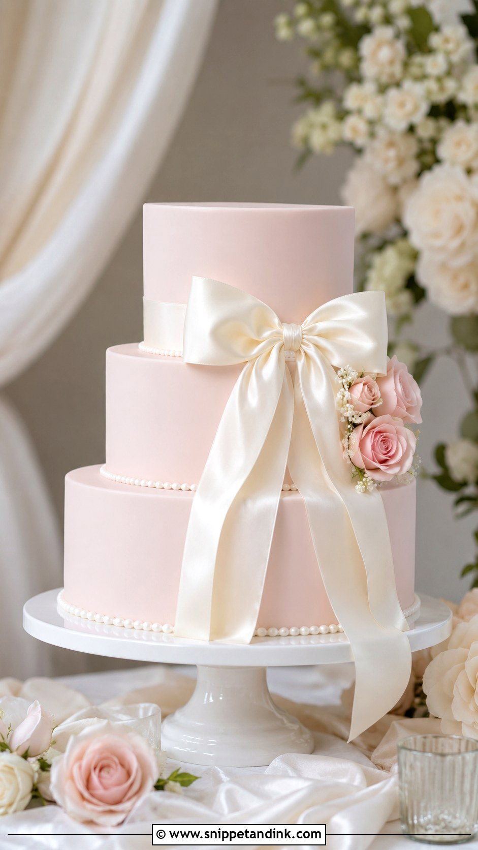 Blush Wedding Cake With Satin Bow - Snippet and Ink - 20 Elegant Blush Wedding Cake Ideas