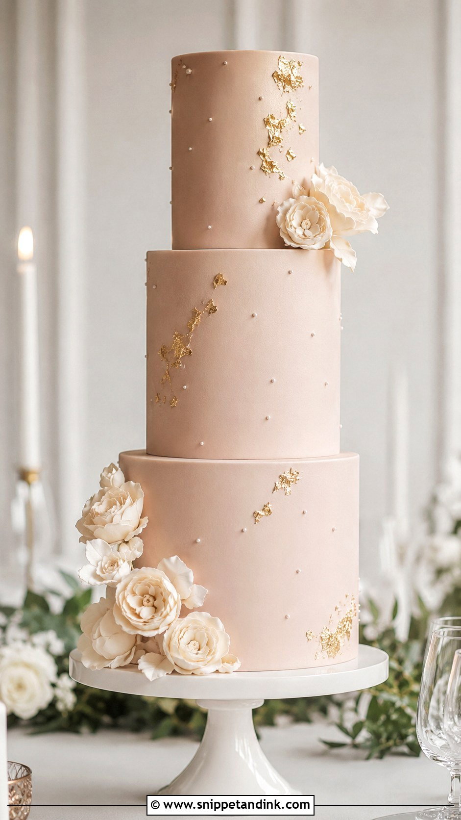 Blush Wedding Cake With Tall Tiers - Snippet and Ink - 20 Elegant Blush Wedding Cake Ideas