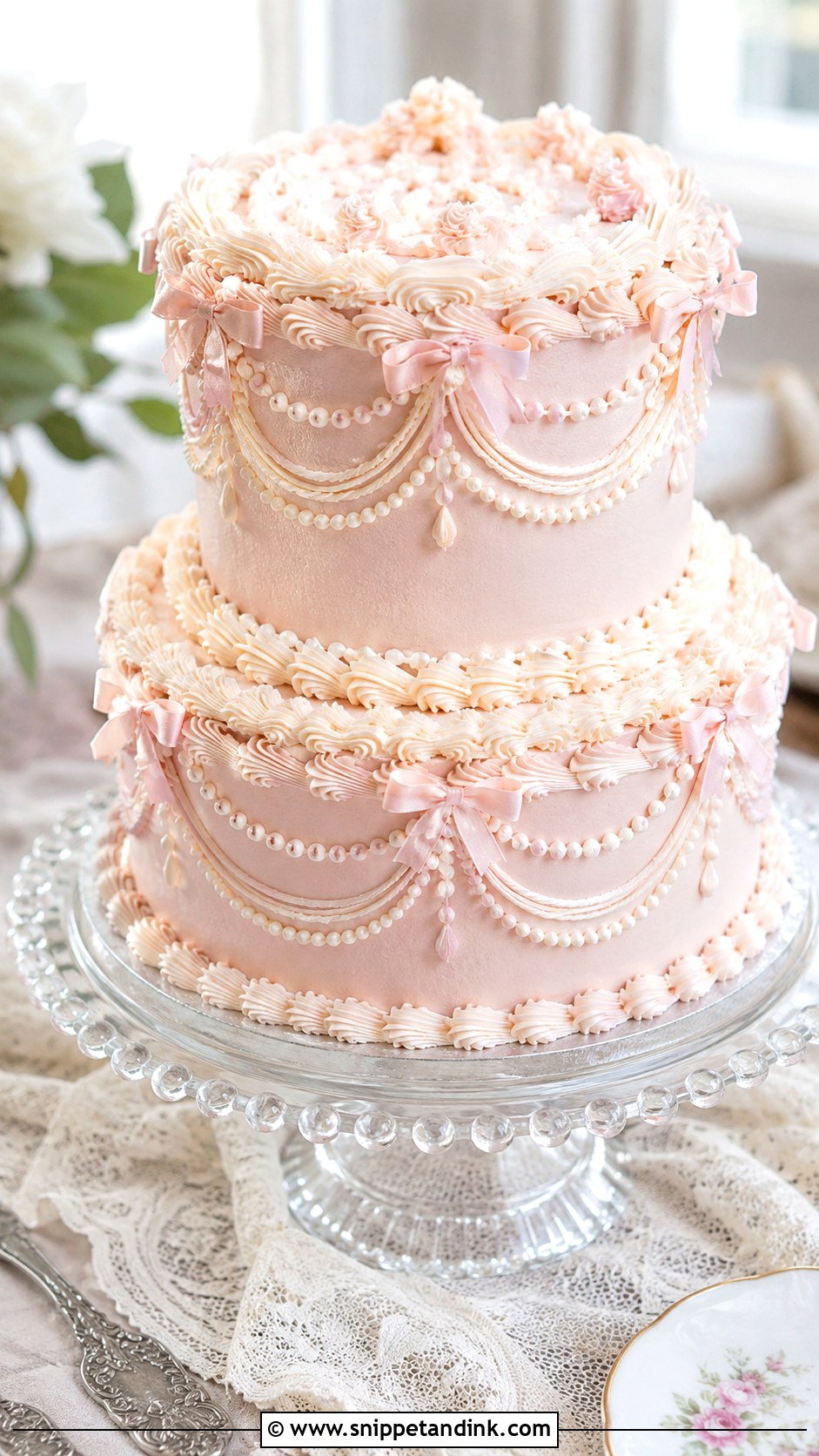 Blush Wedding Cake With Vintage Piping - Snippet and Ink - 20 Elegant Blush Wedding Cake Ideas