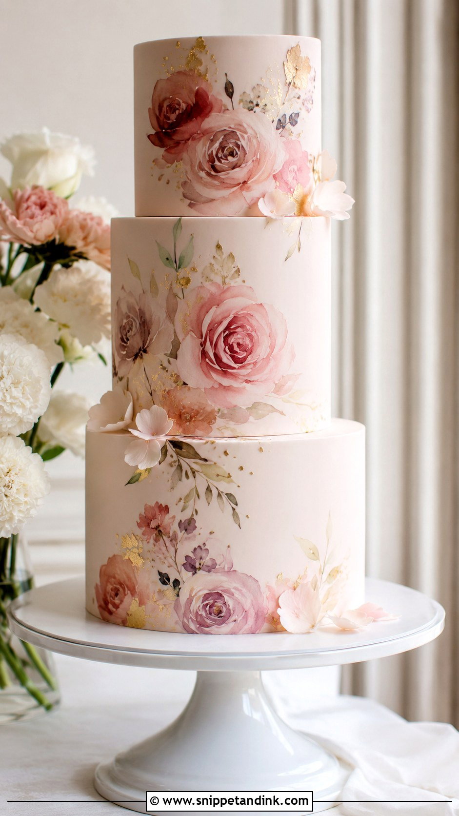 Blush Wedding Cake With Watercolor Flowers - Snippet and Ink - 20 Elegant Blush Wedding Cake Ideas