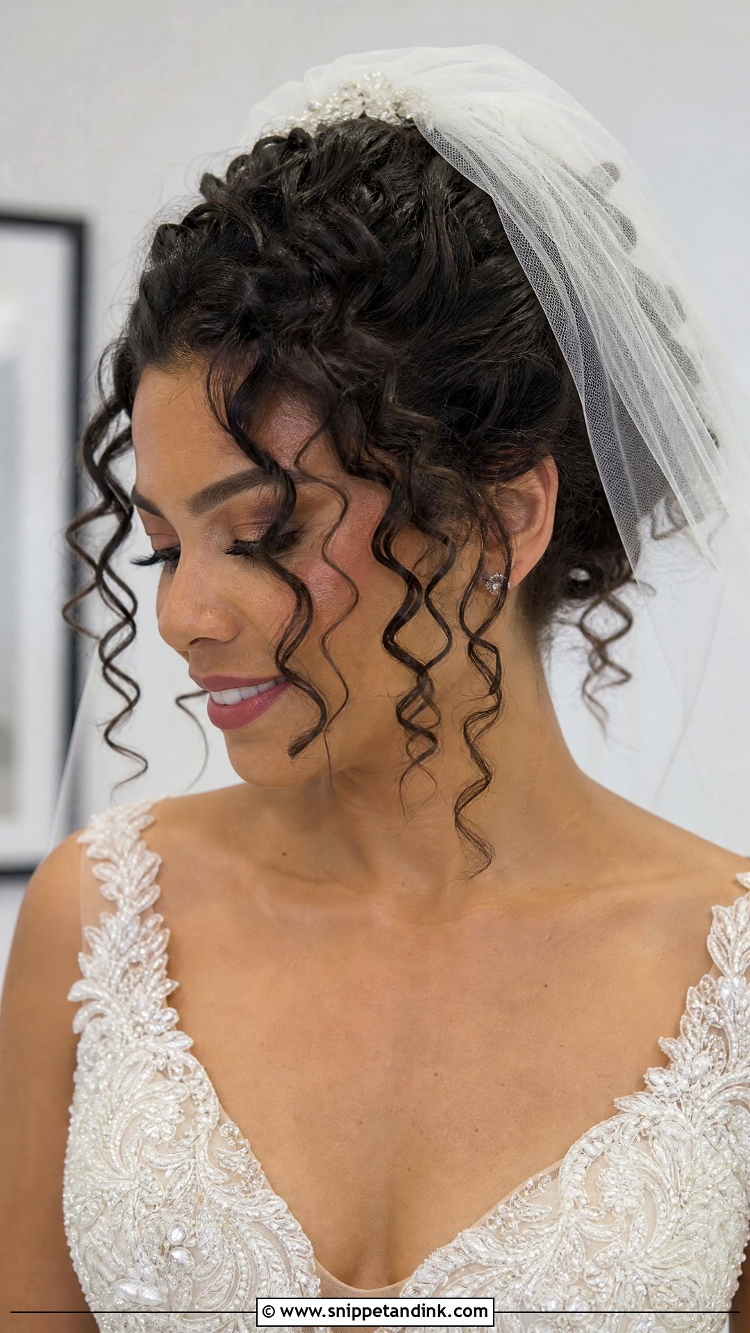 Blusher Veil Curly Updo - Snippet and Ink - 15 Blusher Veil with Hair Up Ideas