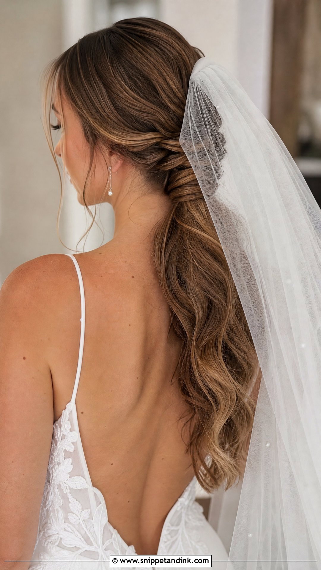 Blusher Veil Low Ponytail Updo - Snippet and Ink - 15 Blusher Veil with Hair Up Ideas