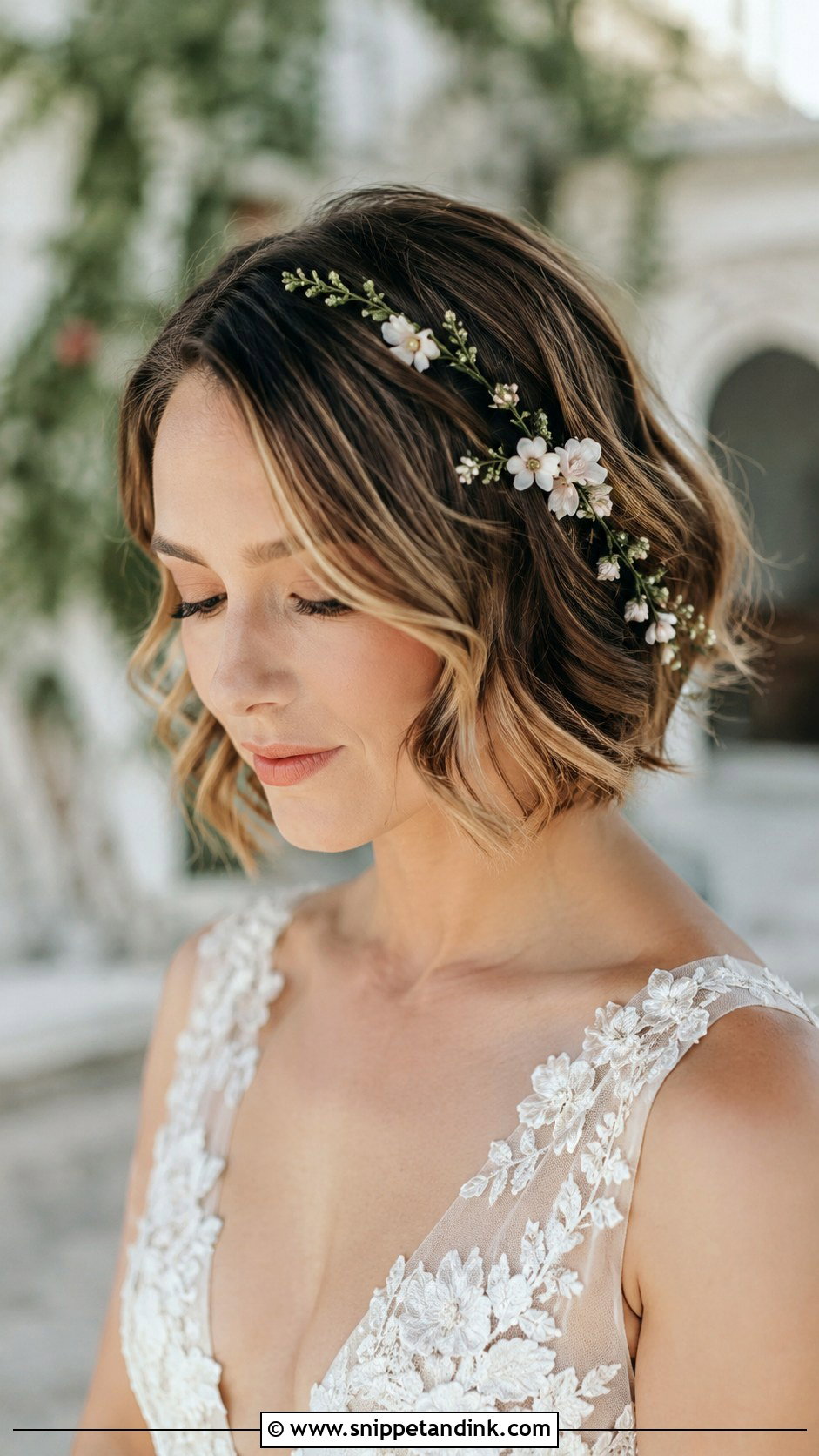 Bob With Floral Hair Vine - Snippet and Ink - 25 Bob Wedding Hair Ideas