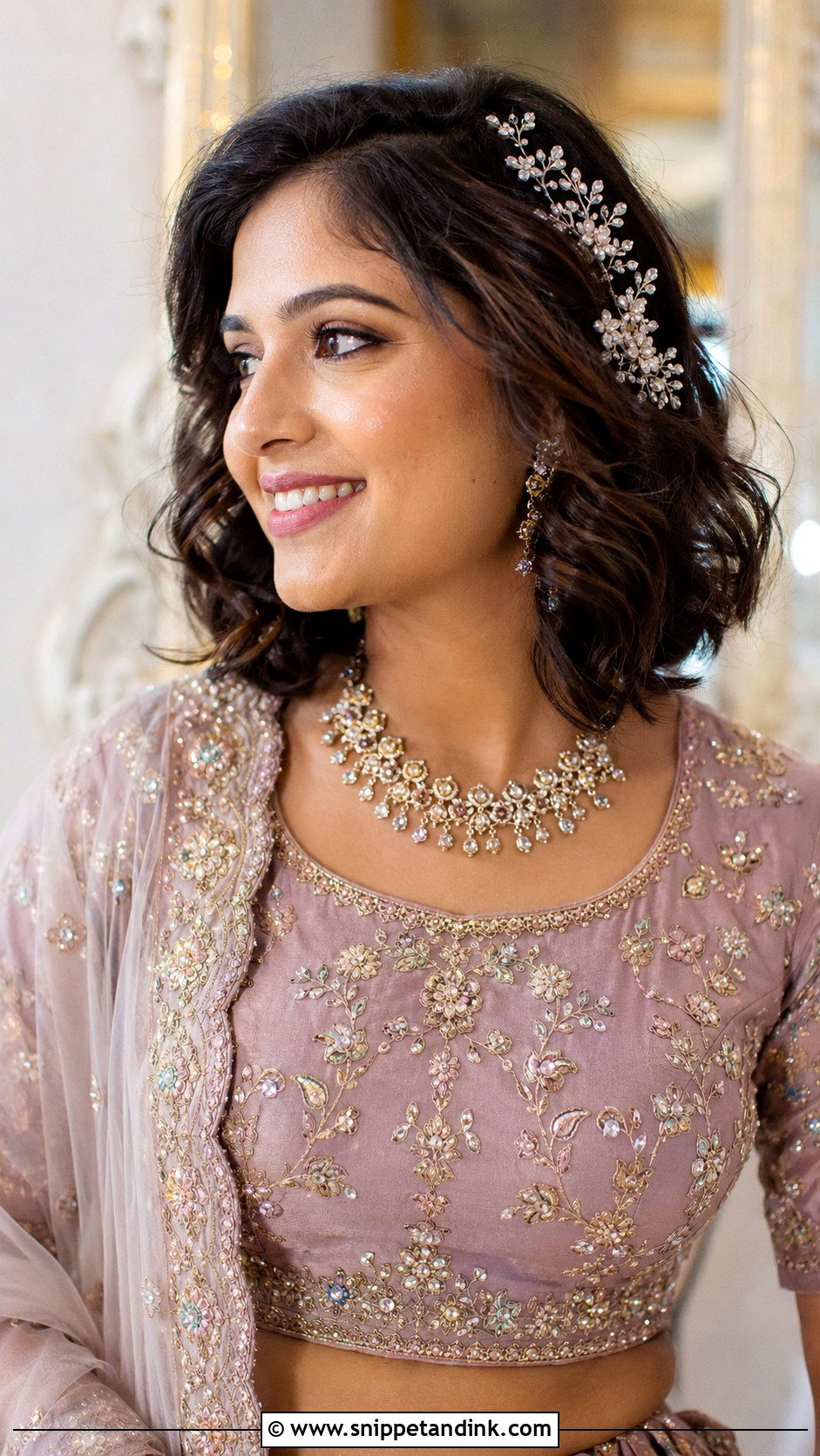 Bob With Soft Curls And Hair Vine - Snippet and Ink - 25 Short Hairstyle Women Indian Wedding Ideas