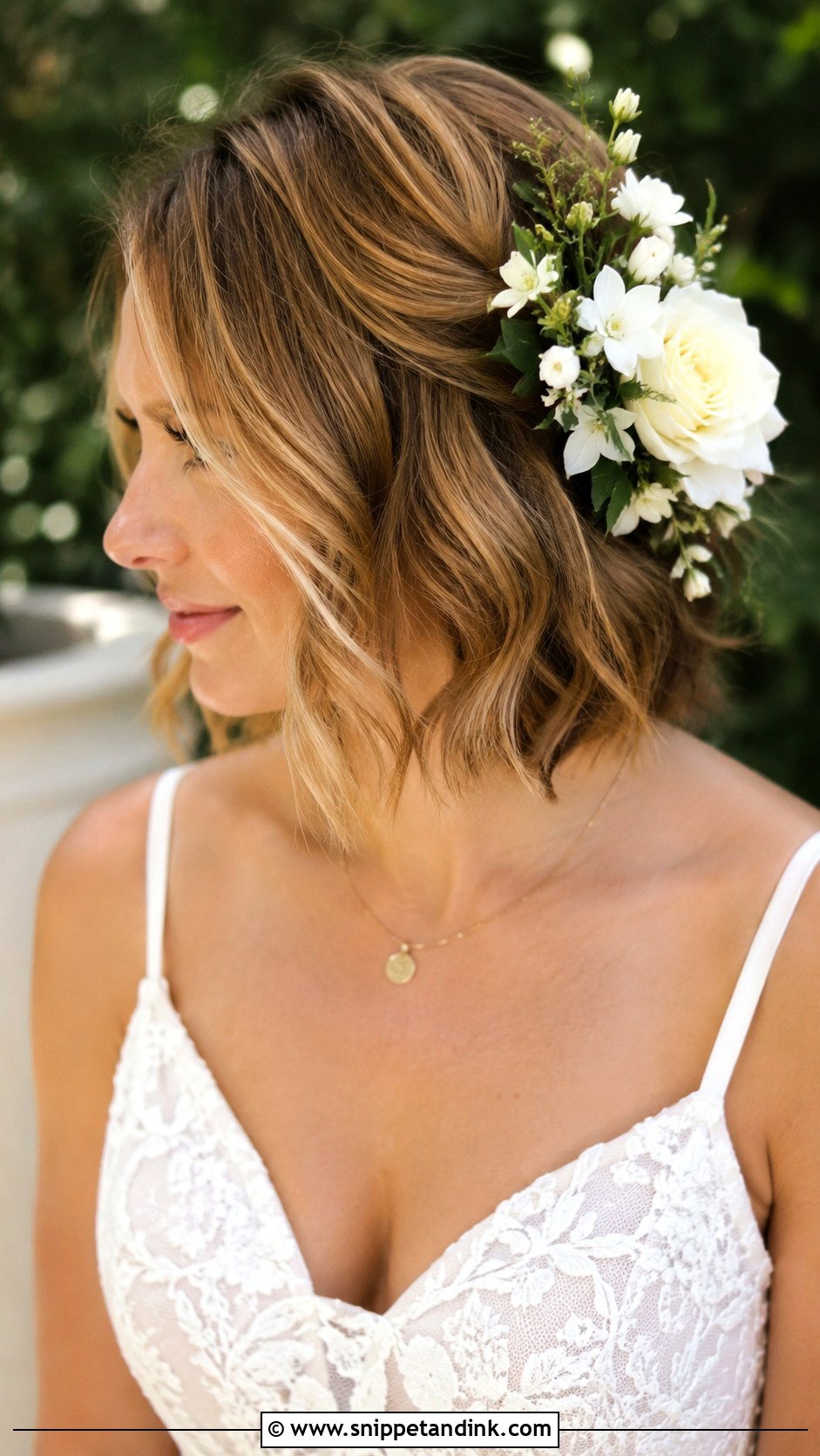 Bob with Floral Hairpiece - Snippet and Ink - 20 Short Hairdos for Wedding