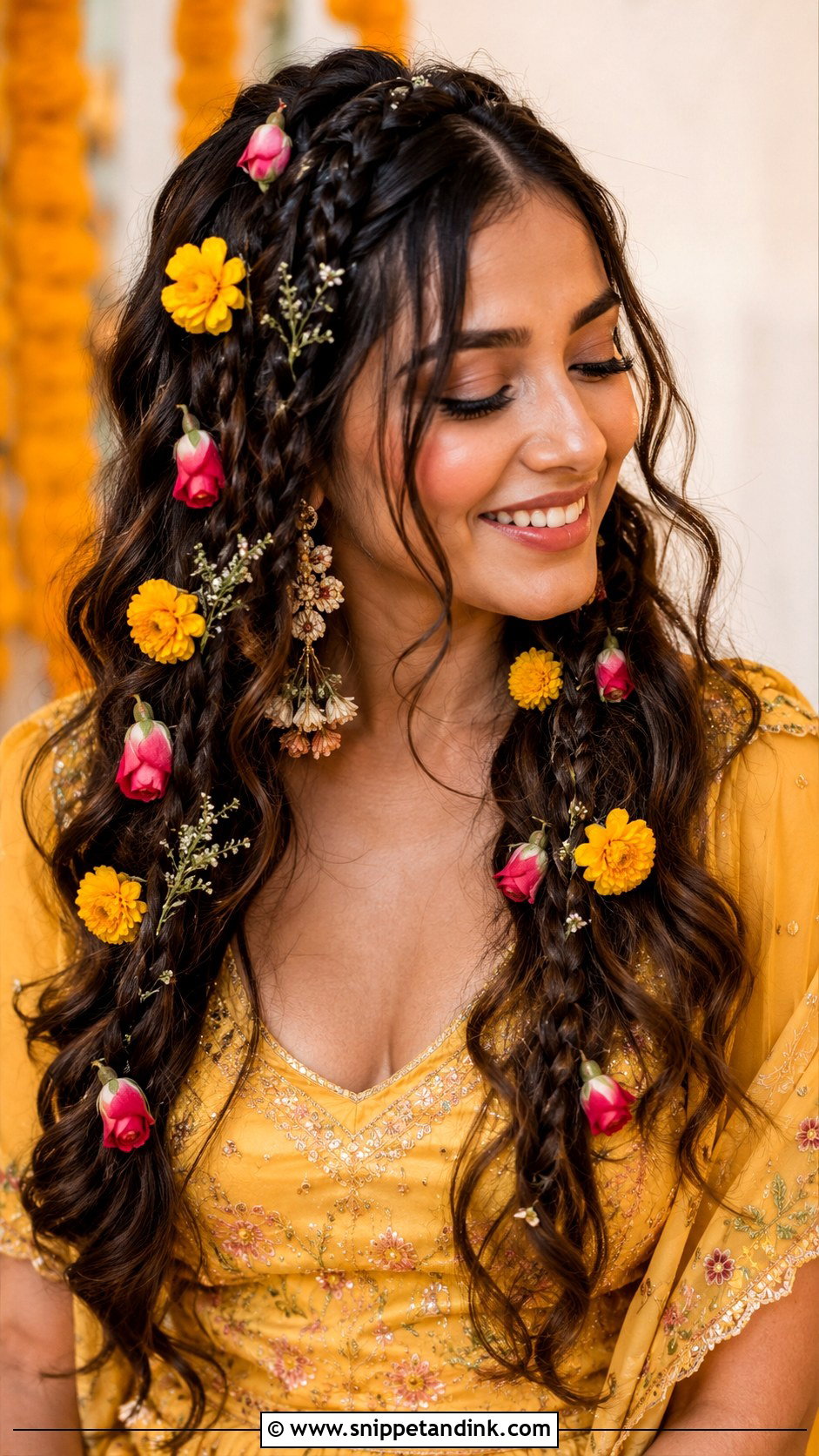Bohemian Braids With Mixed Flowers - Snippet and Ink - 25 Haldi Ceremony Hairstyle for Bride Ideas