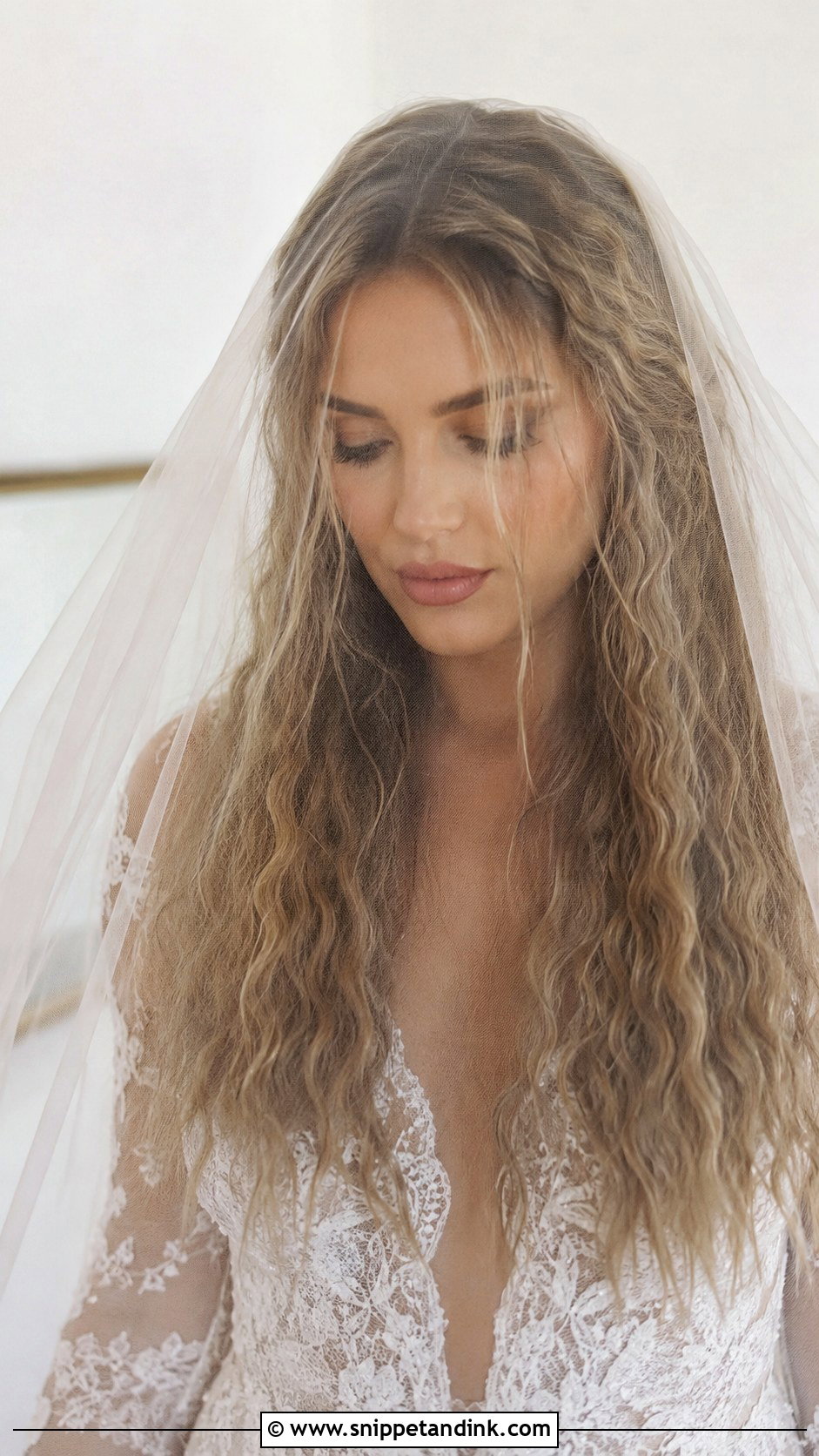 Bohemian Crimped Hair With Blusher Veil - Snippet and Ink - 25 Blusher Veil with Hair Down Ideas