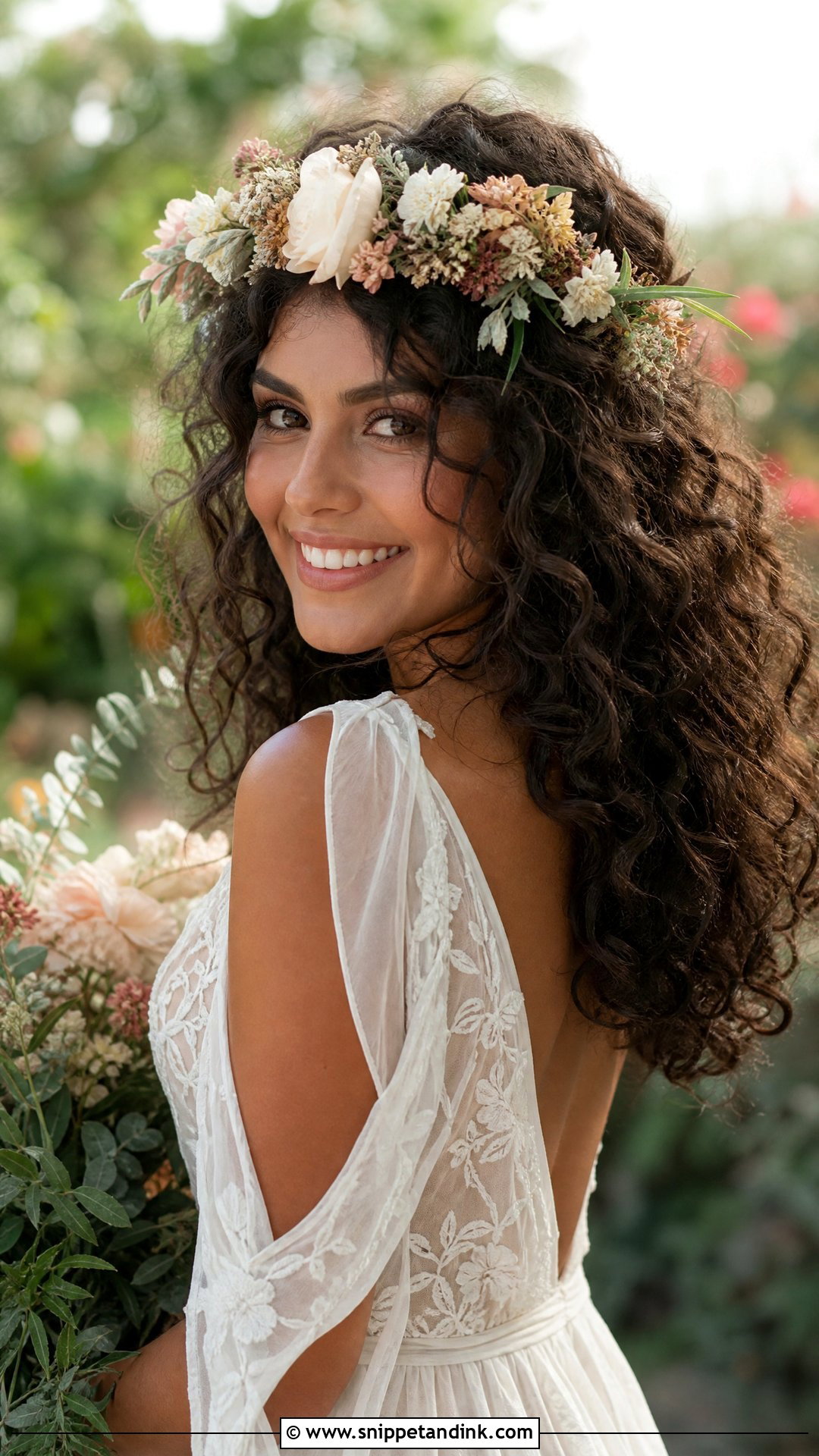 Bohemian Curly Hair With Flower Crown - Snippet and Ink - 20 Curly Hairstyles for Weddings
