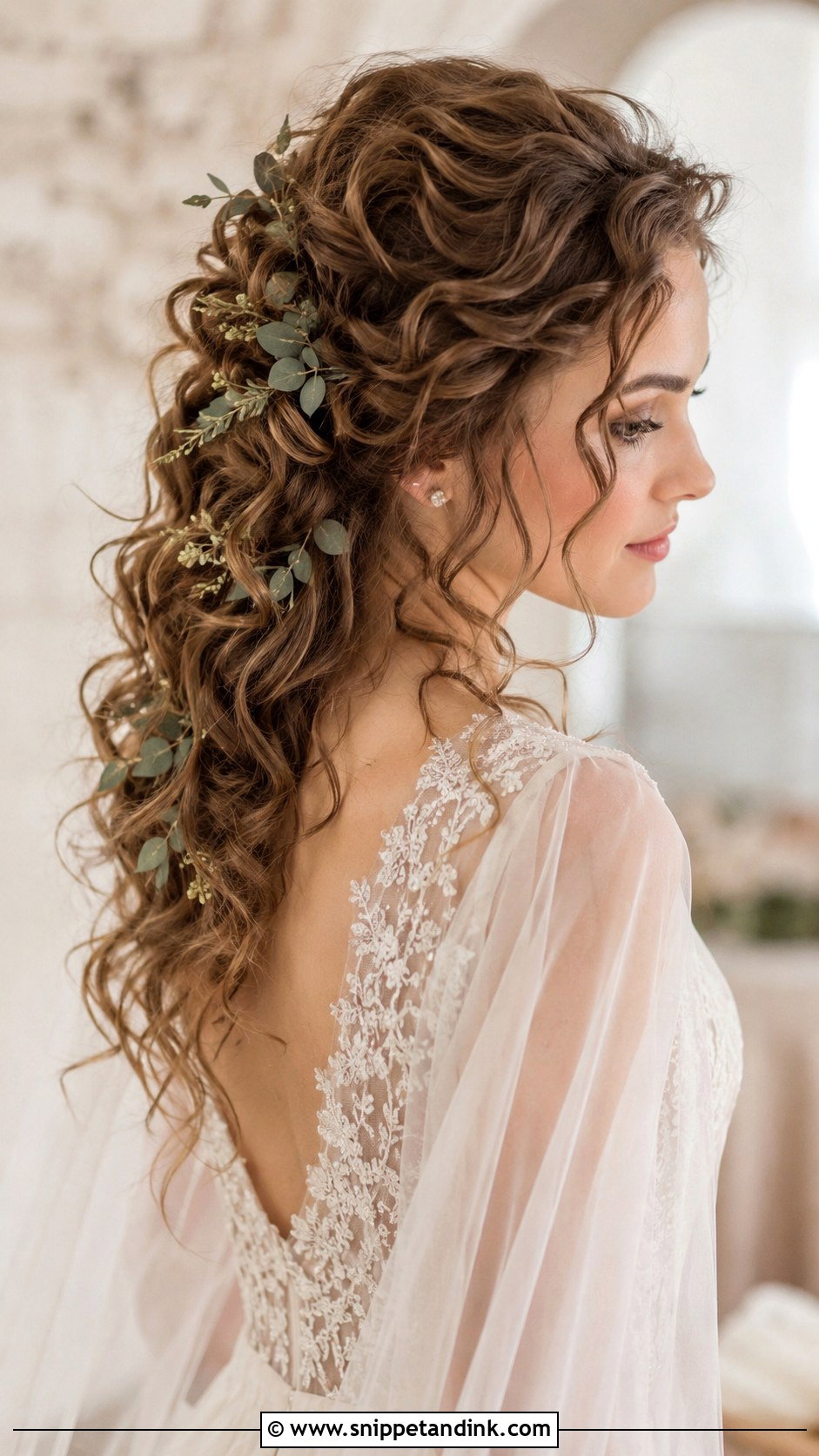 Bohemian Curly Half Updo With Greenery - Snippet and Ink - 20 Short Hair Curls Wedding