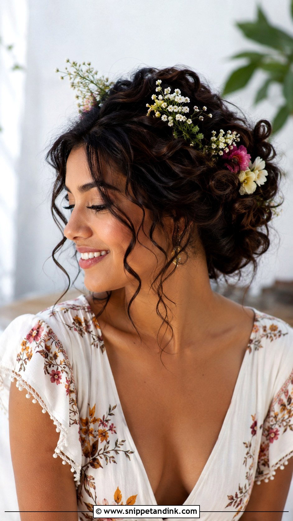 Bohemian Curly Updo With Flowers - Snippet and Ink - 25 Curly Hair Wedding Guest Hairstyles