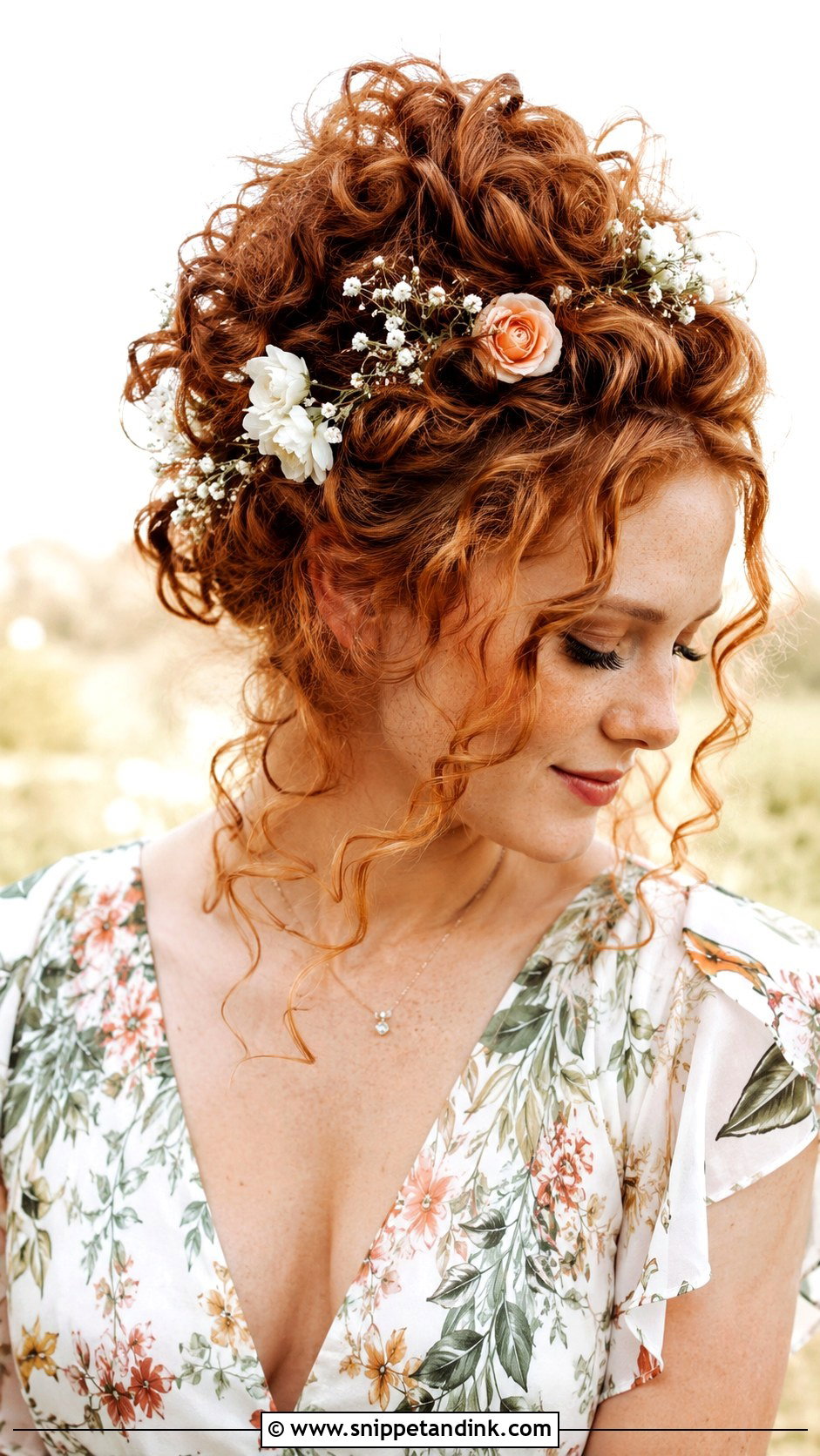 Bohemian Curly Updo With Flowers - Snippet and Ink - 20 Wedding Guest Hair Curly Ideas