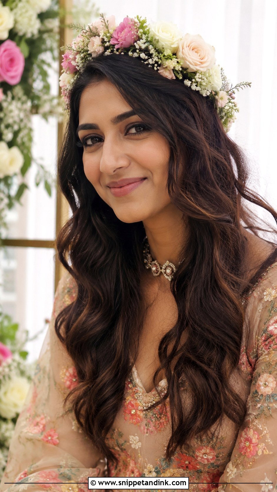 Bohemian Floral Crown With Loose Curls - Snippet and Ink - 25 Indian Wedding Open Hair Hairstyles