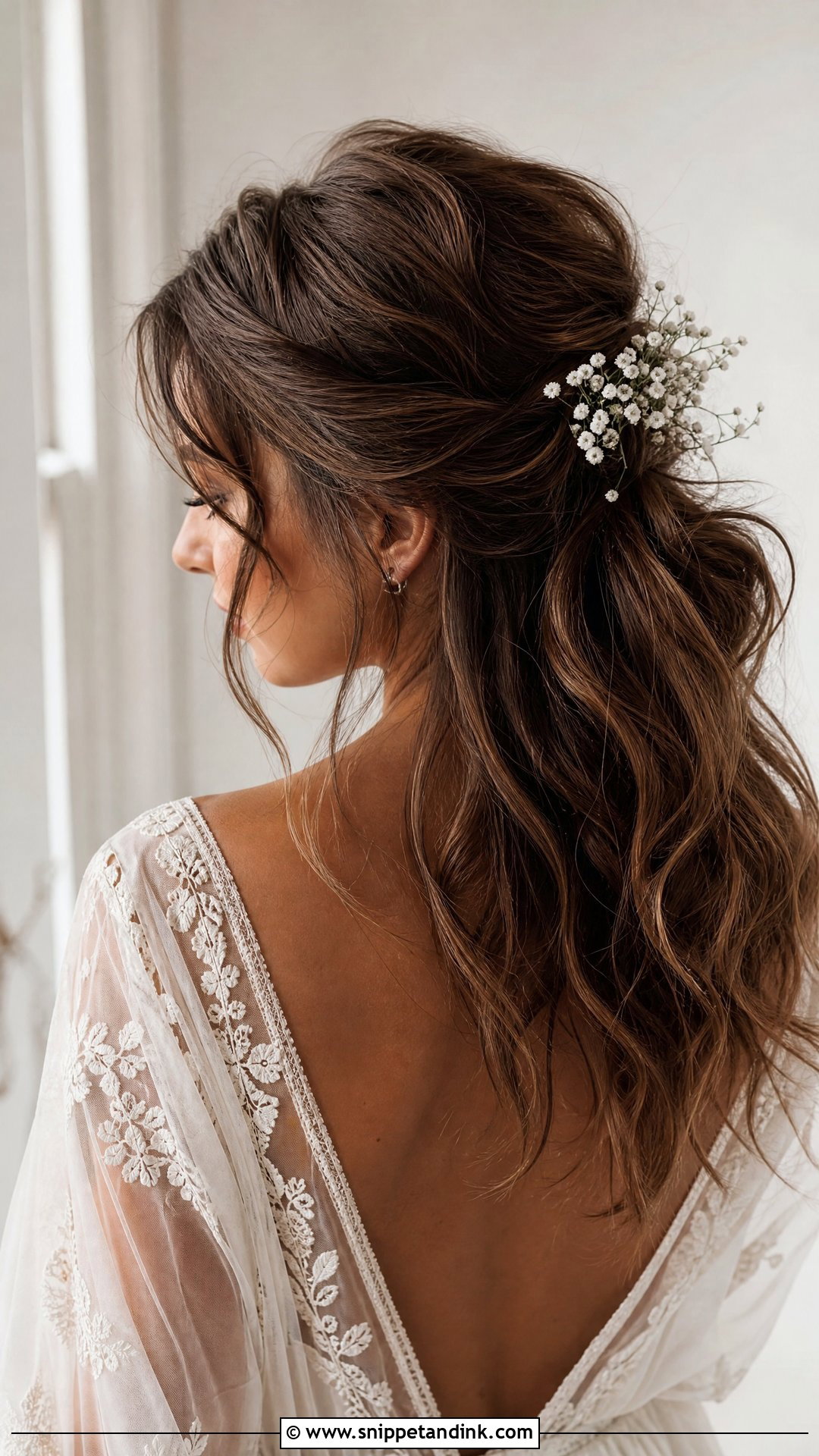 Bohemian Half Up Ponytail With Loose Waves - Snippet and Ink - 20 Half-Up Ponytail Wedding Ideas