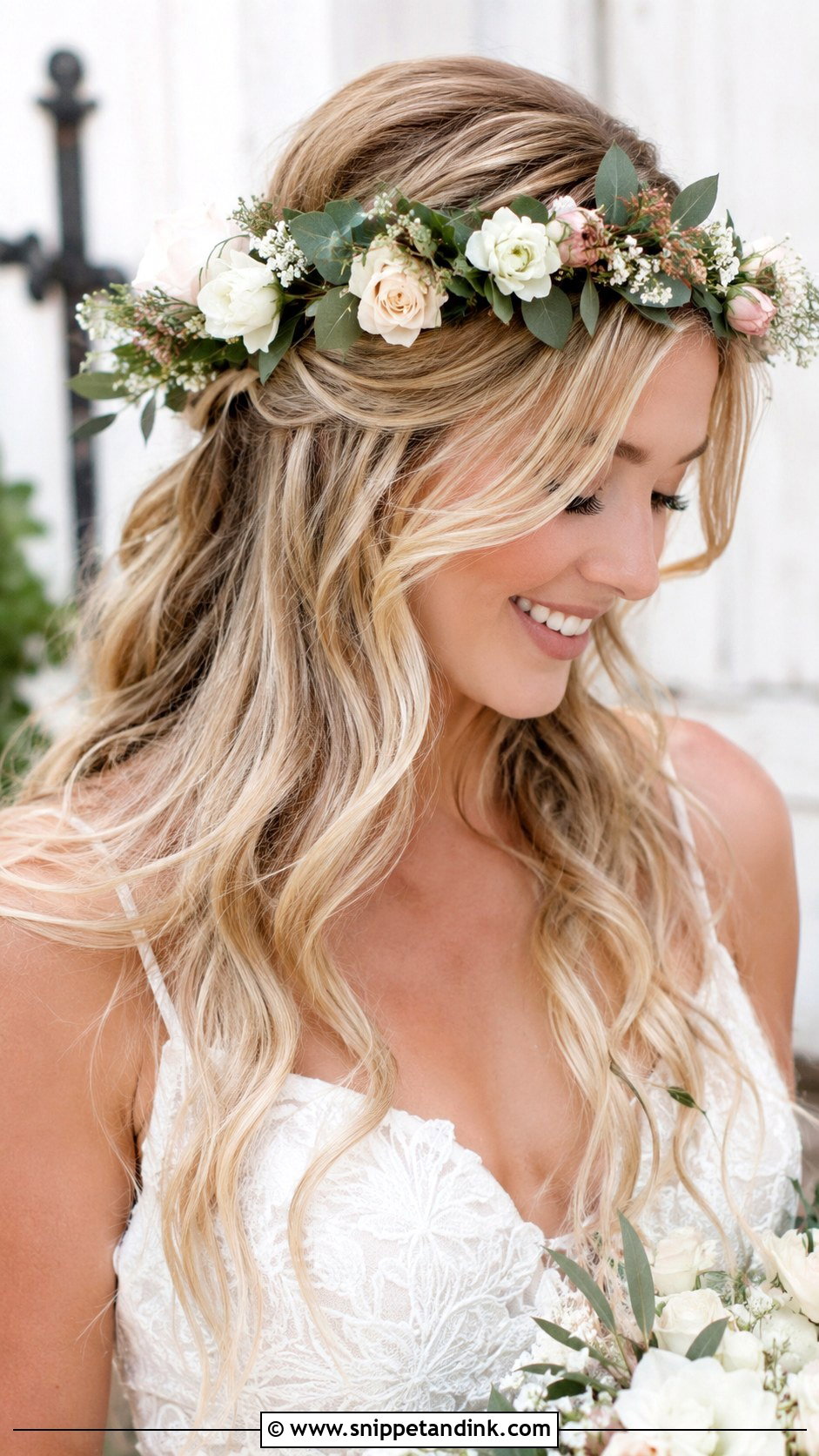 Bohemian Half Up with Flower Crown - Snippet and Ink - 25 Medium Length Half-Up Half-Down Wedding Hairstyles