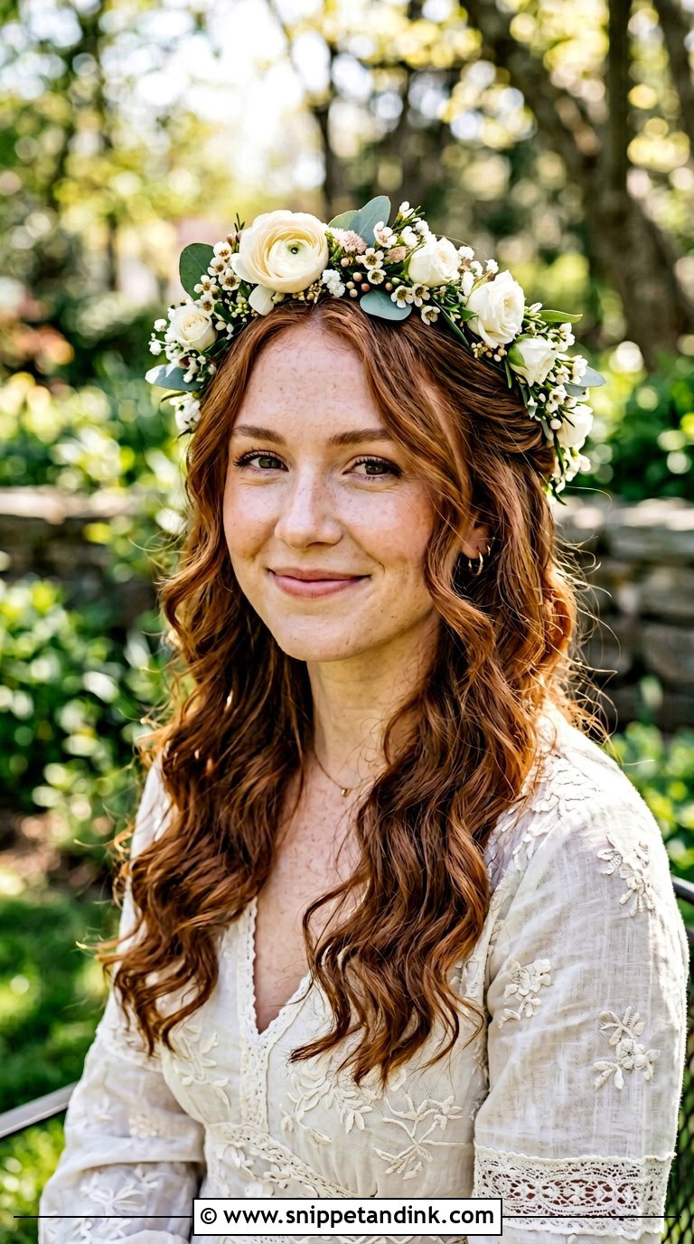 Bohemian Half Up with Flower Crown - Snippet and Ink - 20 Bridal Hair with Crown Ideas