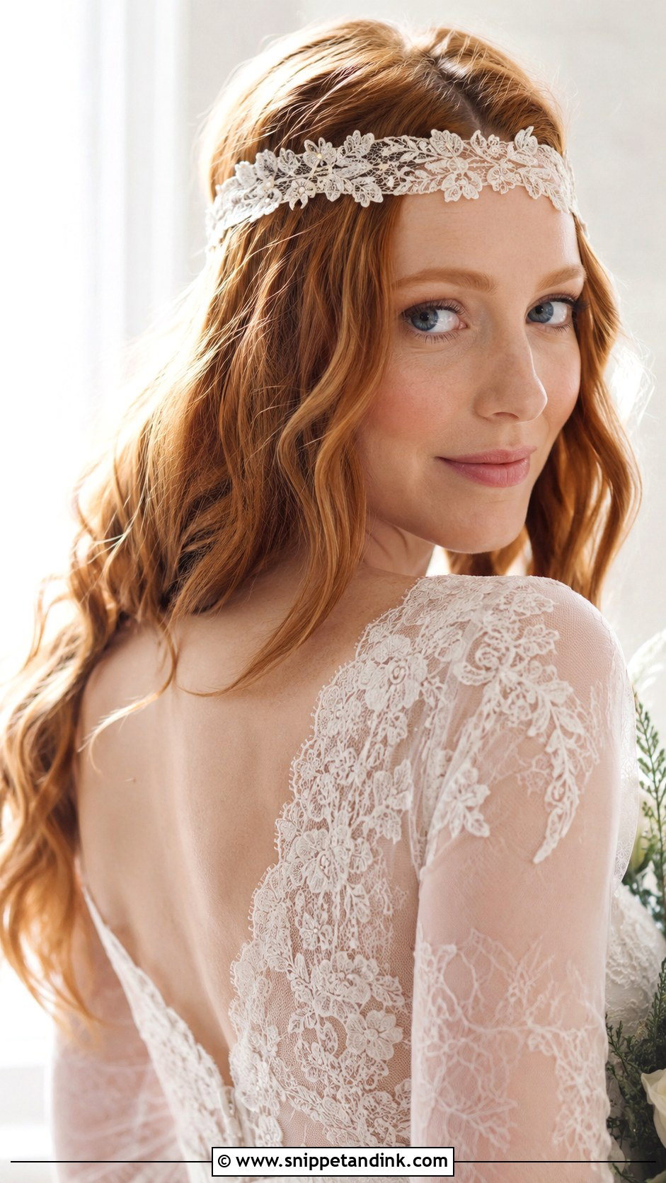Bohemian Lace Headband With Loose Waves - Snippet and Ink - 20 Bridal Headband with Hair Down Ideas