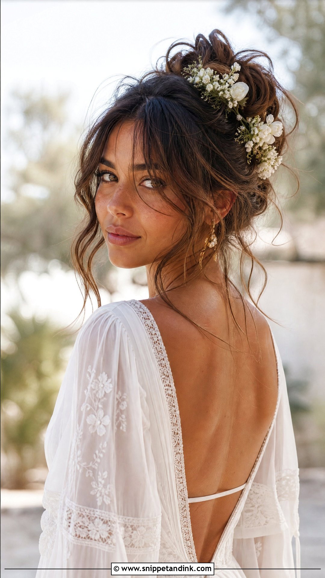 Bohemian Loose Updo with Curtain Bangs - Snippet and Ink - 20 Wedding Hairstyles with Curtain Bangs