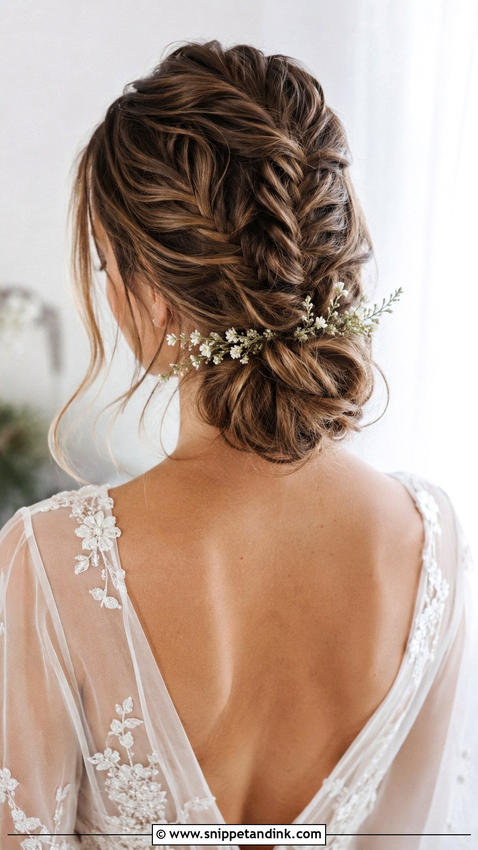 Bohemian Low Bun With Fishtail Braid - Snippet and Ink - 25 Low Bridal Bun Ideas