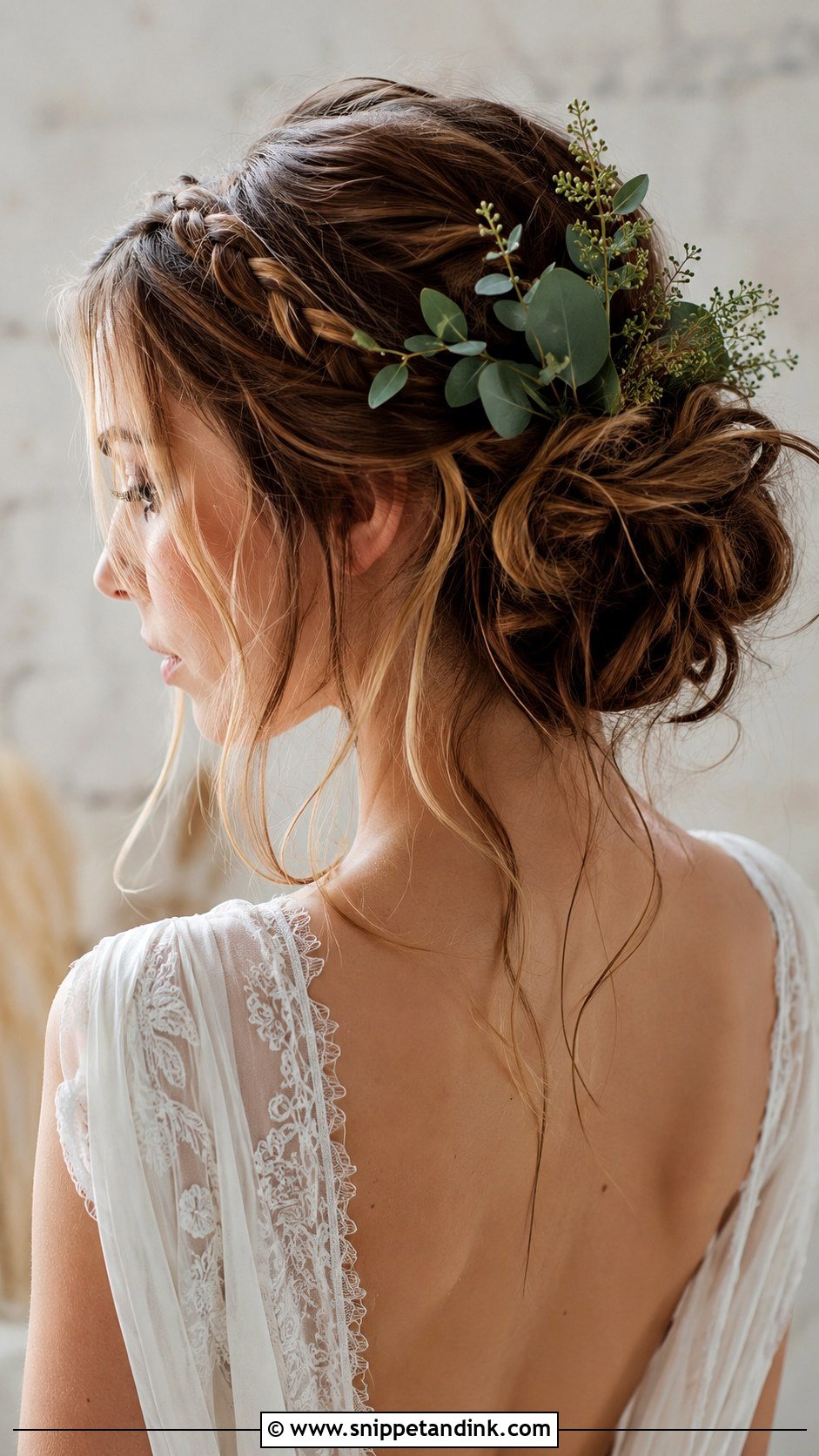 Bohemian Messy Bun With Greenery - Snippet and Ink - 20 Fantasy Wedding Hair Ideas