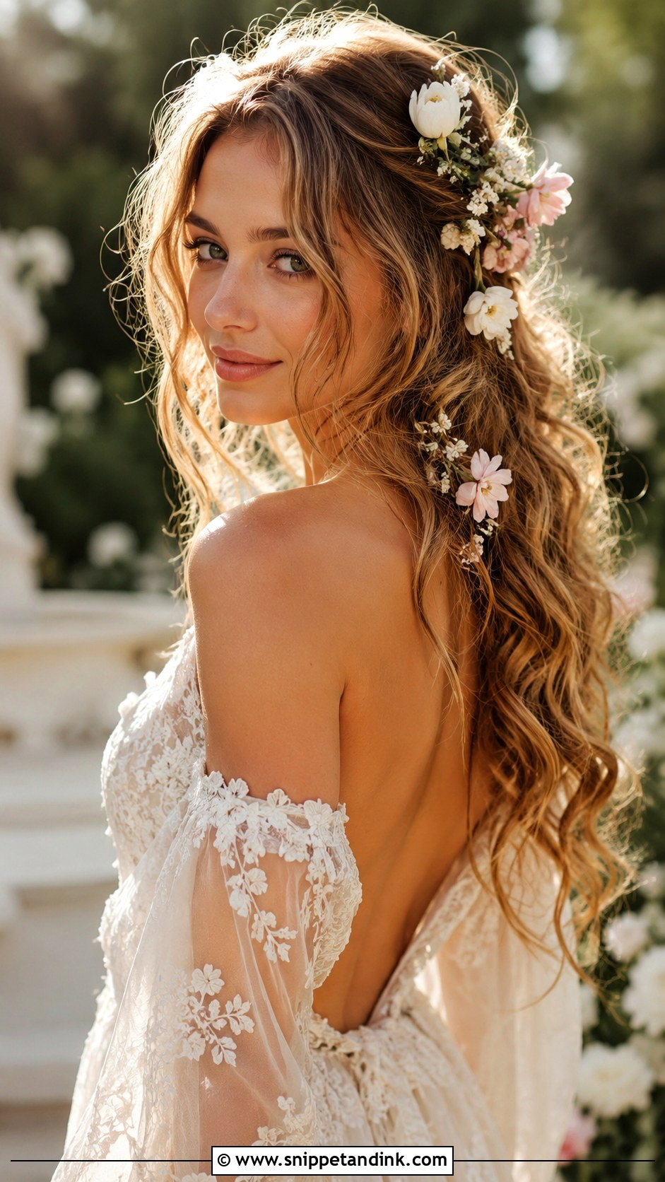 Bohemian Tousled Waves With Flowers - Snippet and Ink - 25 Wedding Hairstyles for Long Hair Down