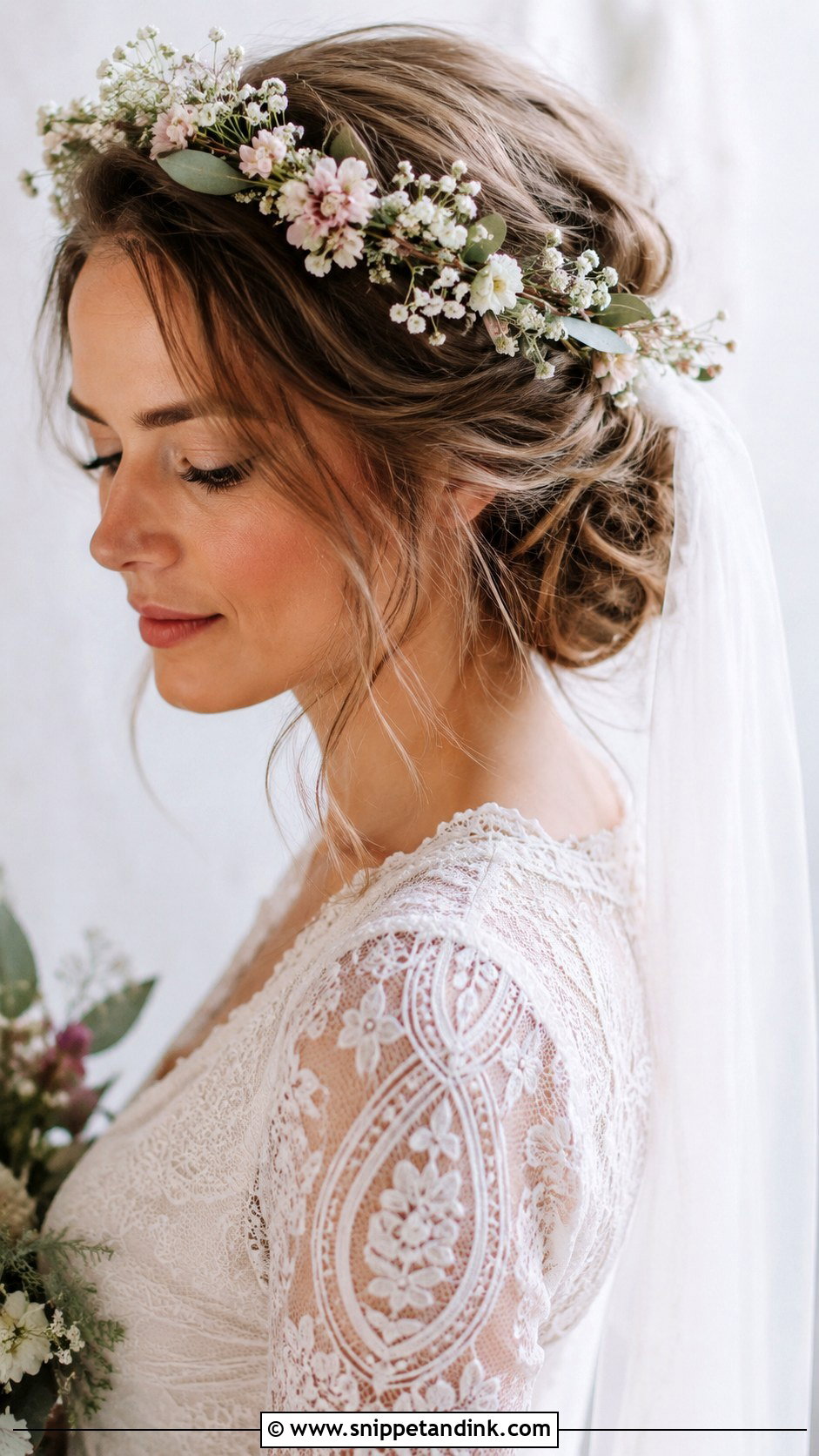 Bohemian Updo With Flower Crown And Veil - Snippet and Ink - 25 Updo with Veil Ideas