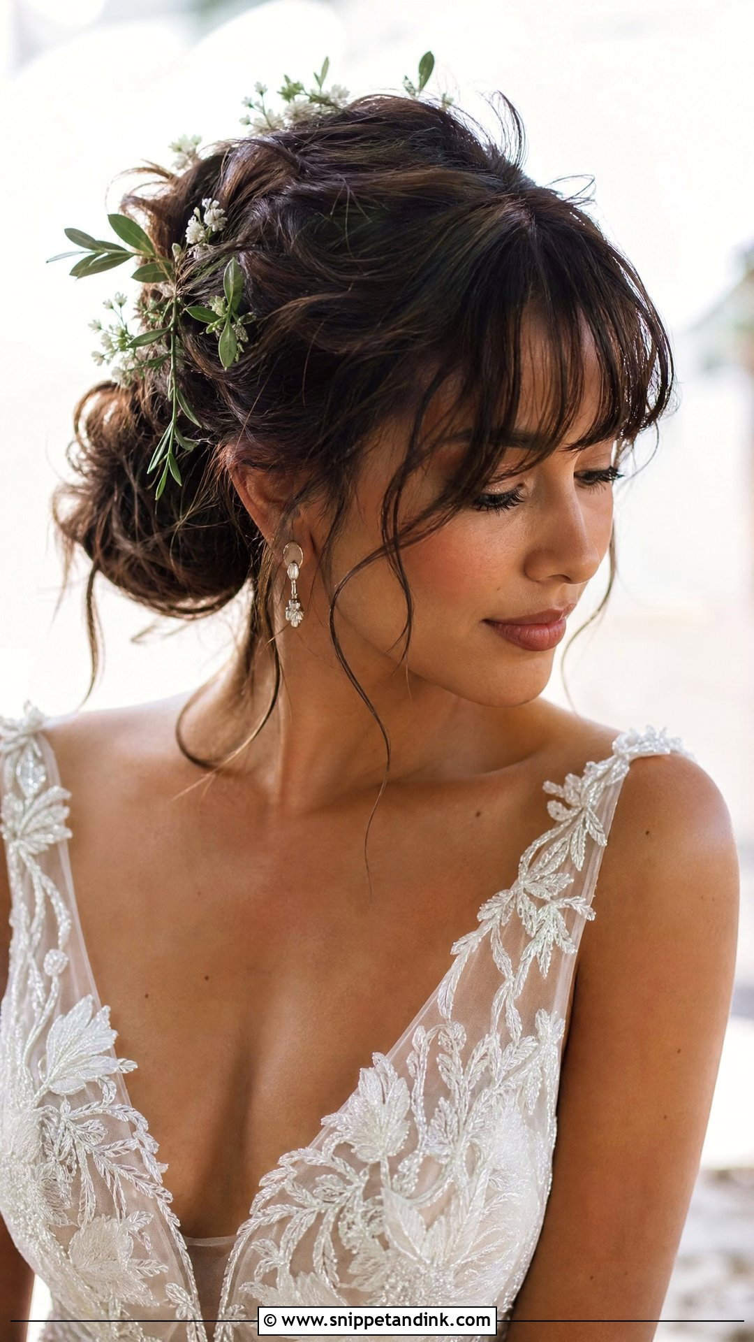 Bohemian Updo With Wispy Fringe - Snippet and Ink - 20 Wedding Hairstyles for Big Foreheads