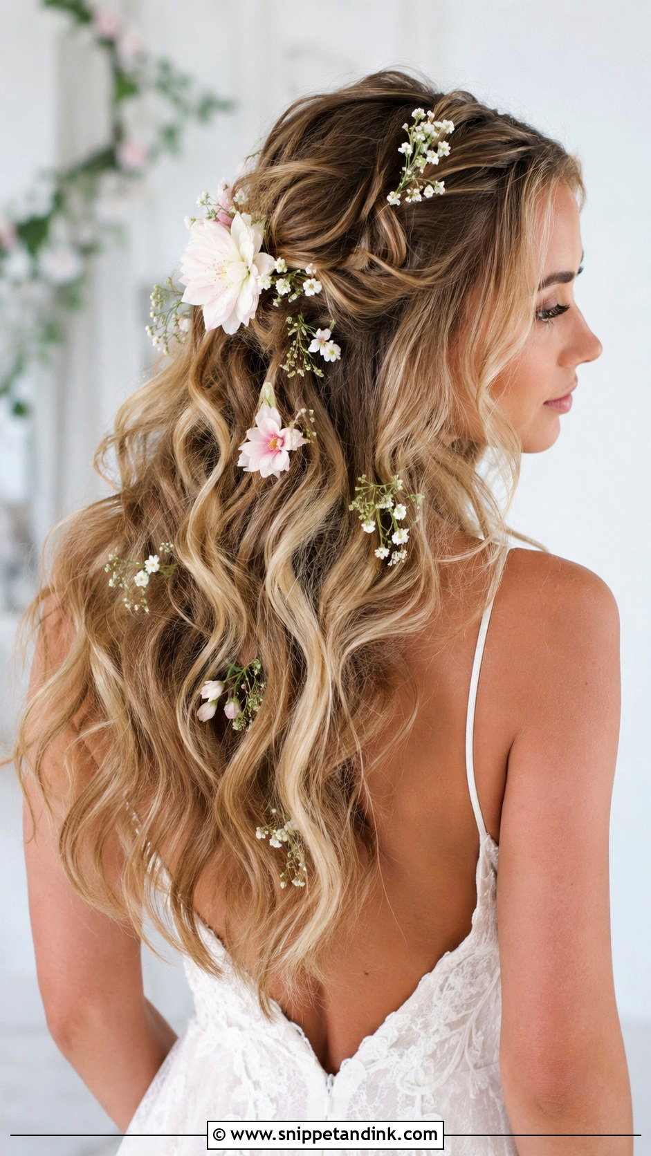 Bohemian Waves With Flowers Wedding Hairstyle for Long Hair - Snippet and Ink - 25 Hairstyle for Long Hair Wedding Ideas