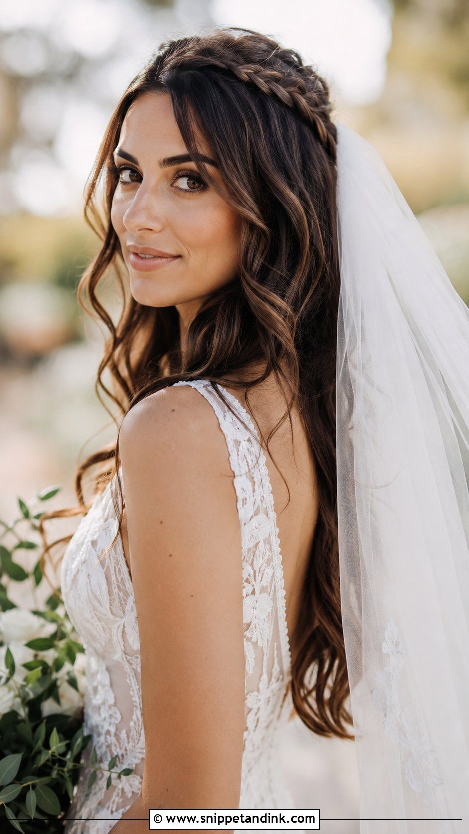 Bohemian Waves with Braid Detail and Cathedral Veil - Snippet and Ink - 25 Cathedral Veil with Hair Down Ideas
