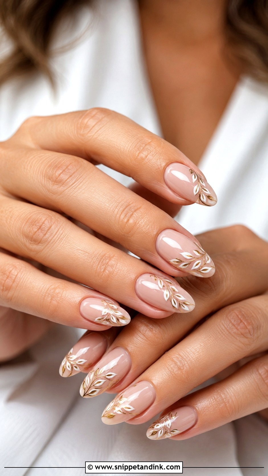 Boho Almond Wedding Nails With Leaf Art - Snippet and Ink - 20 Boho Wedding Nails for Bride
