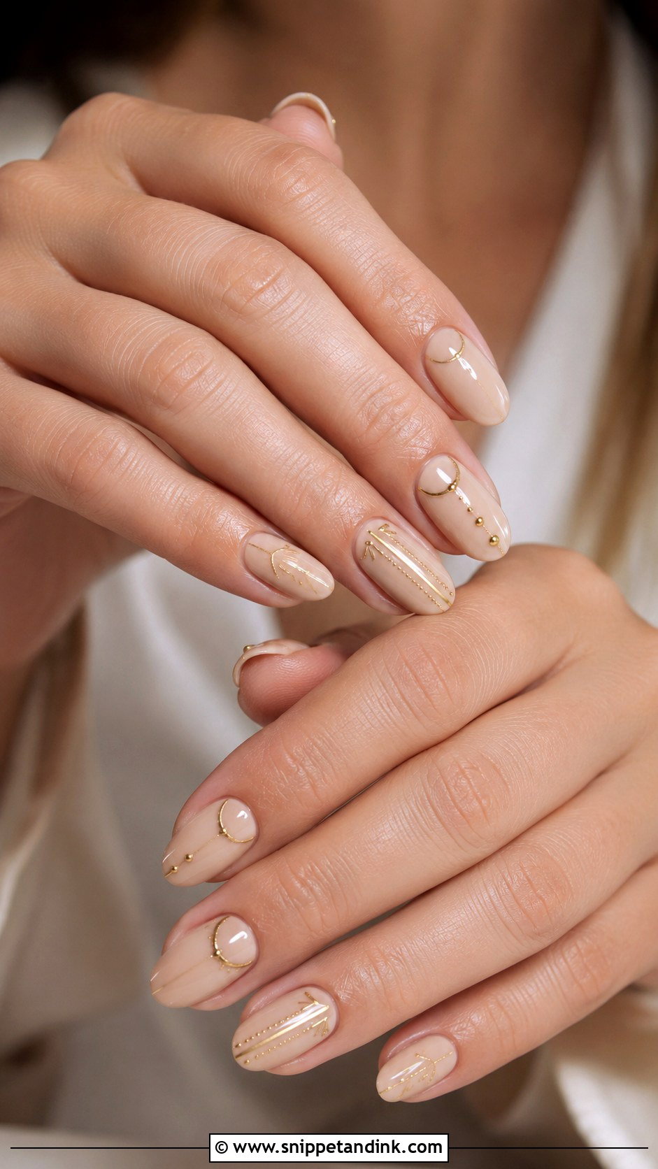 Boho Beige Wedding Nails With Gold Details - Snippet and Ink - 20 Boho Wedding Nails for Bride