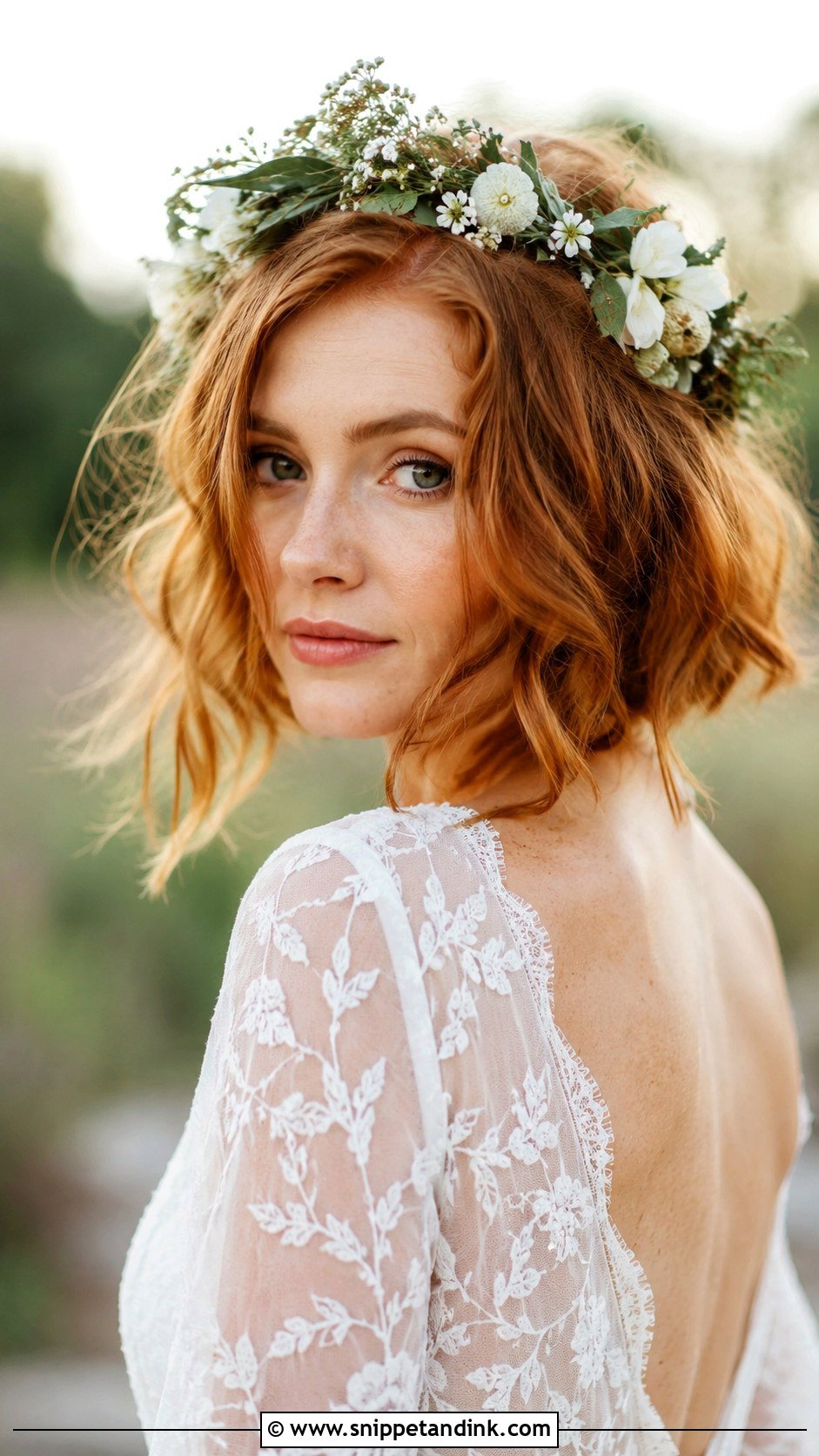 Boho Bob With Flower Crown - Snippet and Ink - 25 Short Bob Wedding Hairstyles