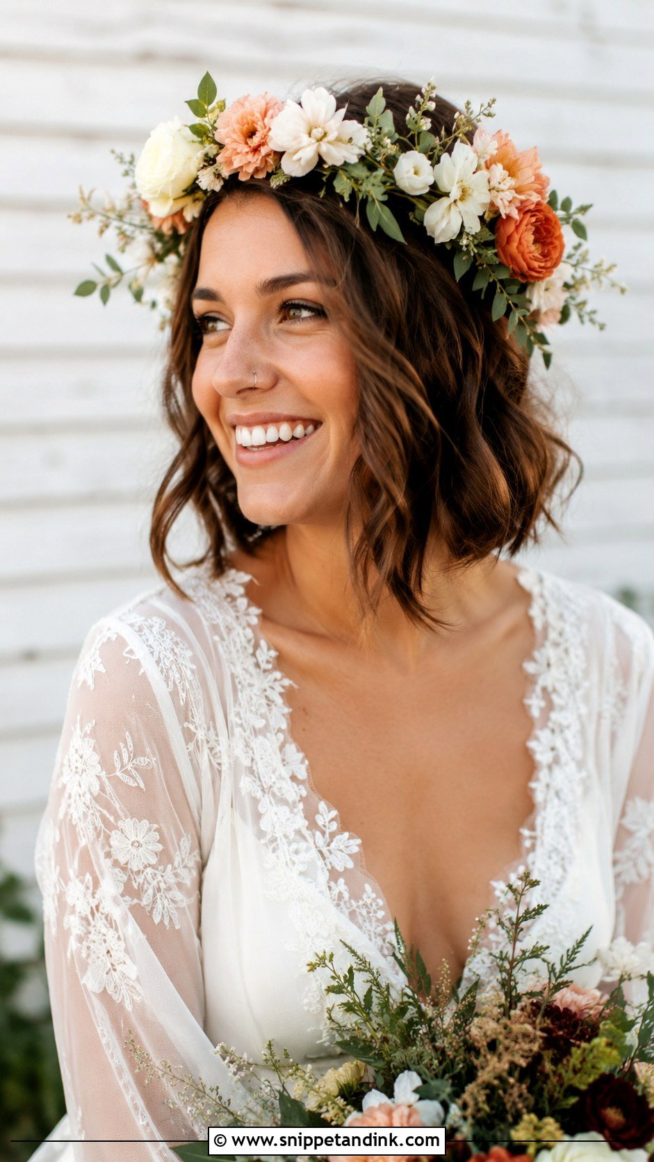 Boho Bob With Flower Crown - Snippet and Ink - 20 Short Bob Wedding Hair Ideas