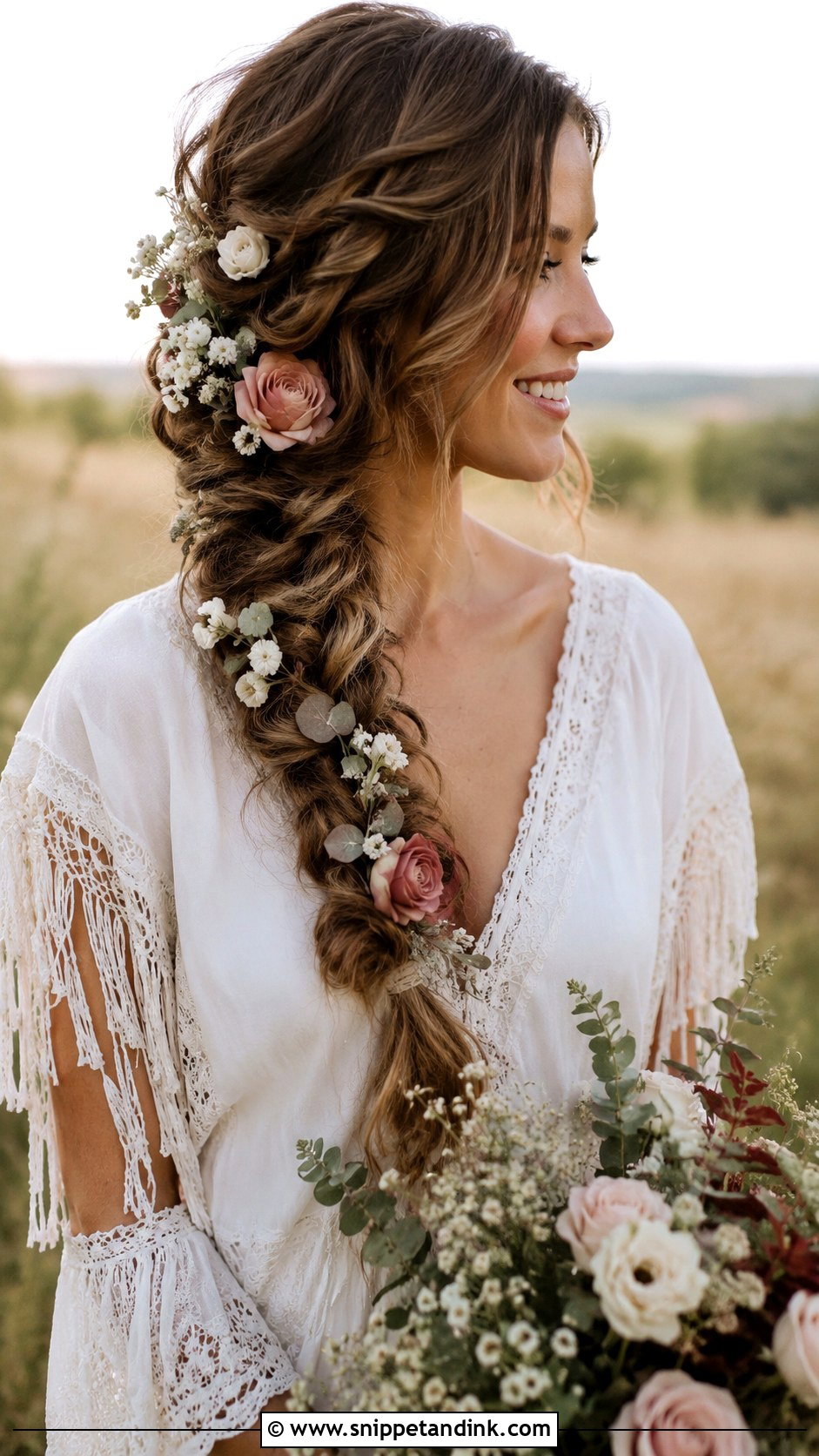 Boho Braid With Mixed Blooms - Snippet and Ink - 20 Bride Hairstyles with Flowers