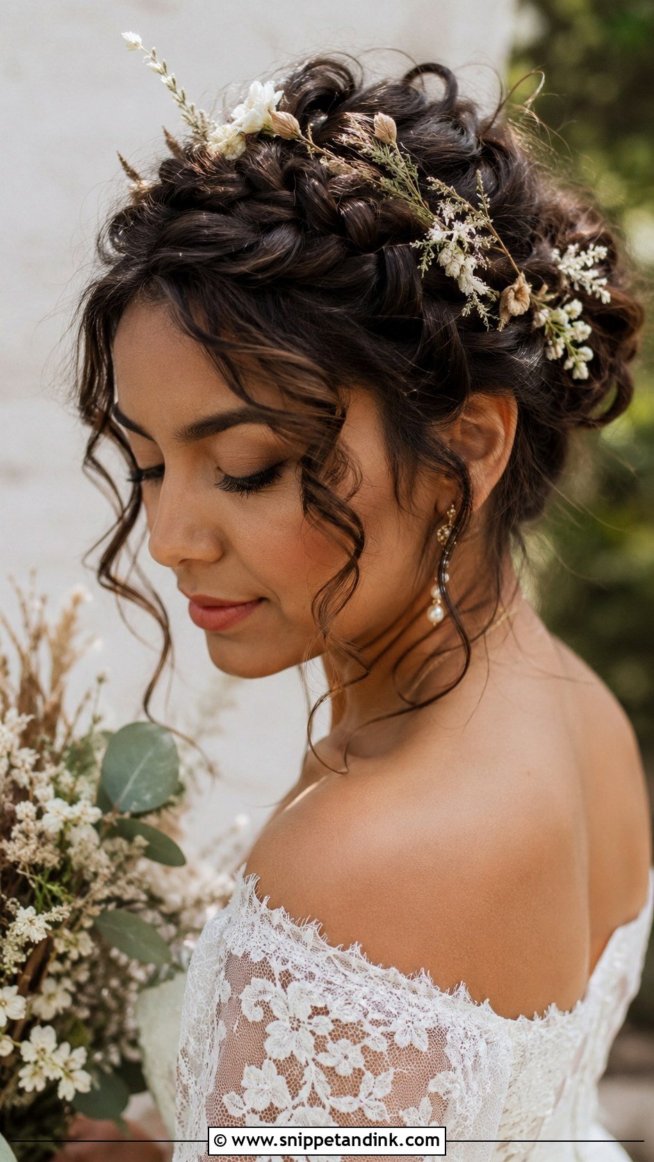 Boho Braided Bun With Curled Bangs - Snippet and Ink - 20 Wedding Updo with Bangs Ideas
