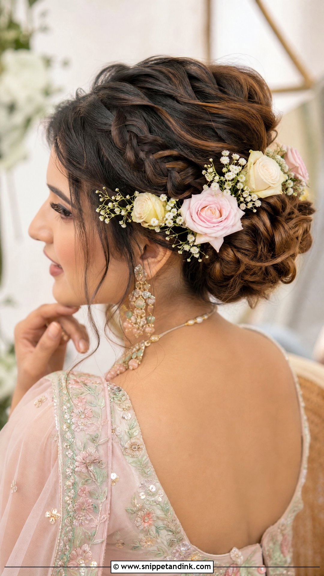 Boho Braided Bun With Flowers - Snippet and Ink - 20 Bridal Mehndi Hairstyles