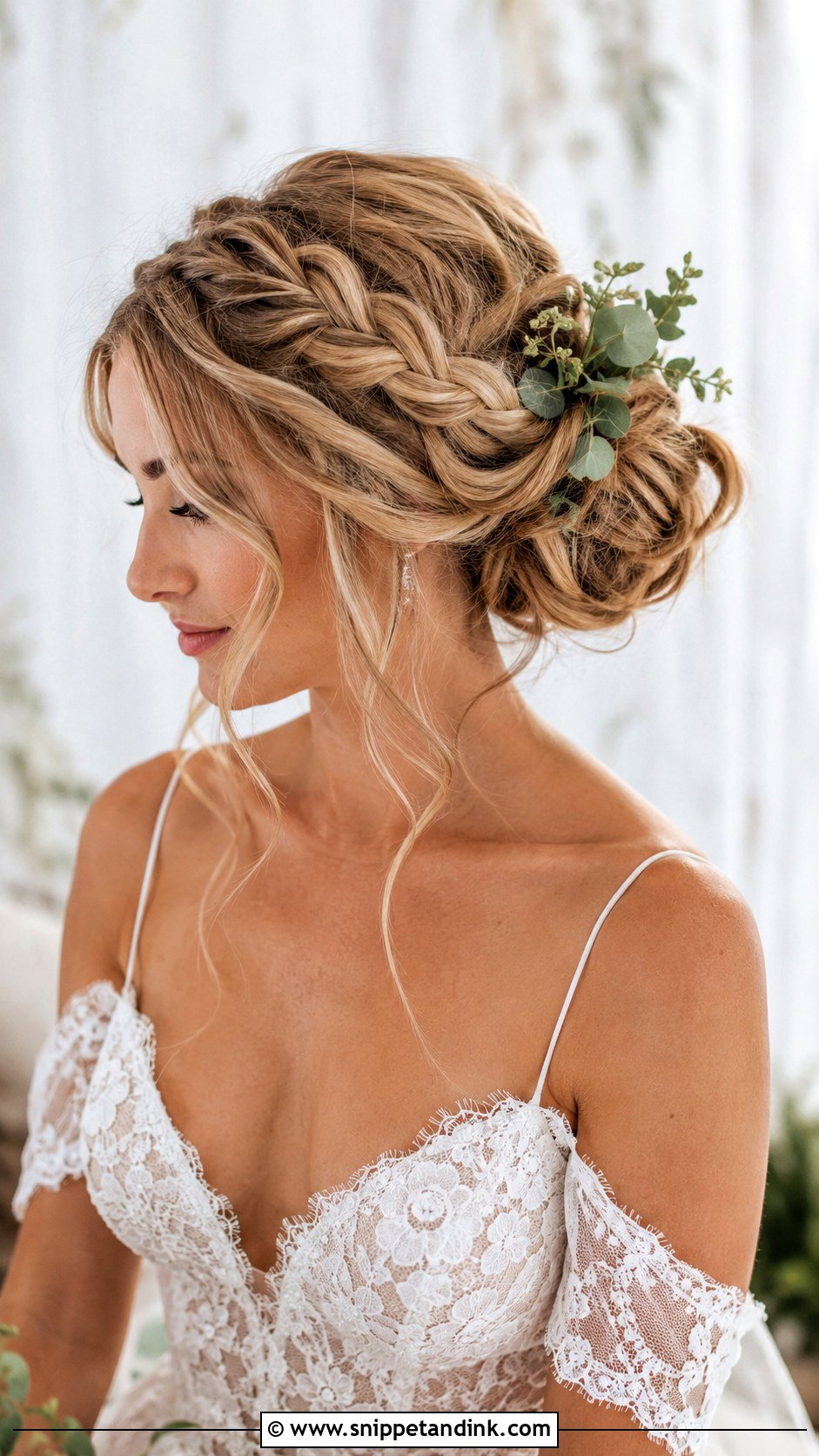 Boho Braided Bun with Tendrils - Snippet and Ink - 25 Medium Length Bridal Hairstyles