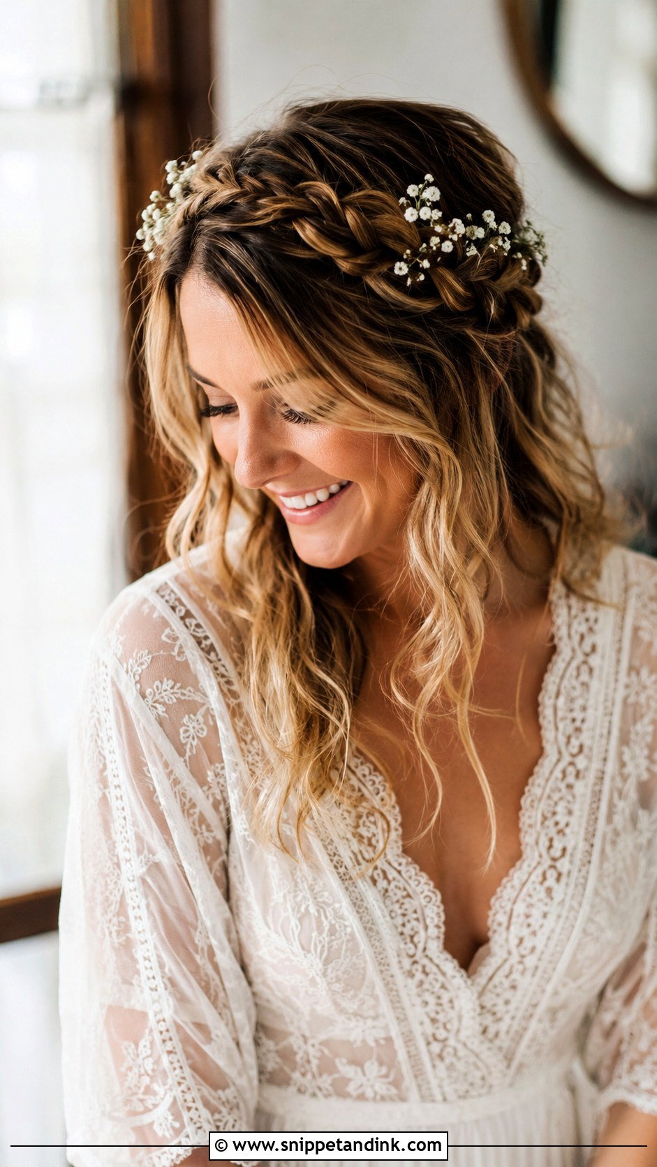Boho Braided Crown With Babys Breath - Snippet and Ink - 20 Crown Wedding Hair Ideas