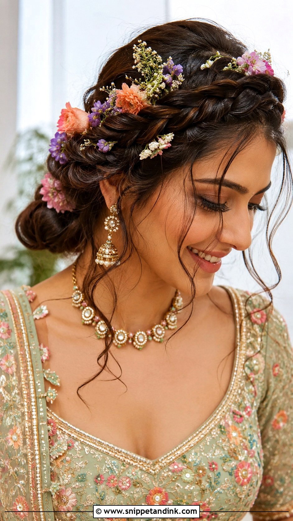 Boho Braided Crown With Flowers - Snippet and Ink - 20 Indian Bridal Hairstyle Ideas