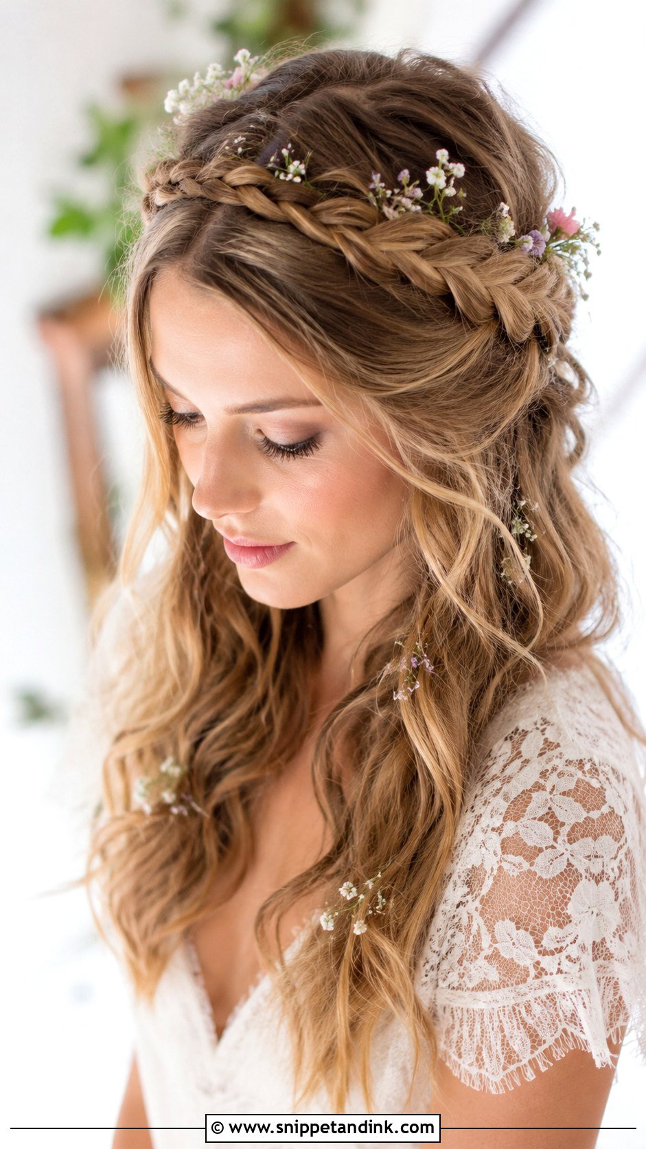 Boho Braided Crown With Hair Down - Snippet and Ink - 25 Long Bridal Hair Down Ideas