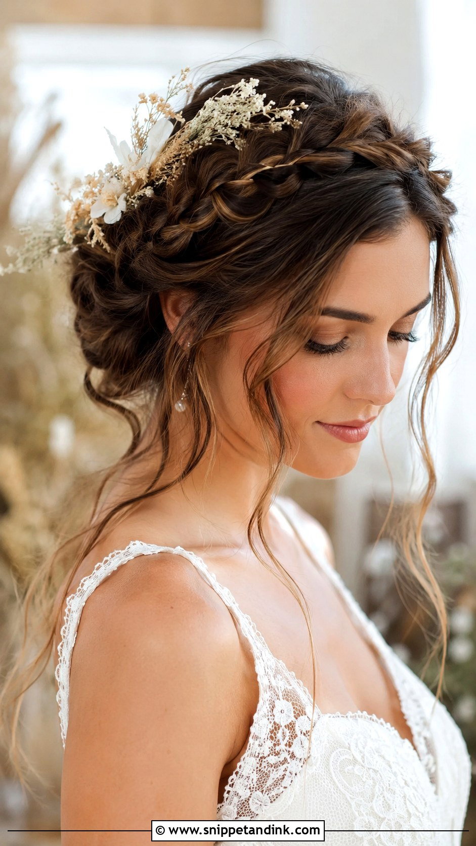Boho Braided Crown With Tendrils - Snippet and Ink - 20 Bride Braided Hairstyles