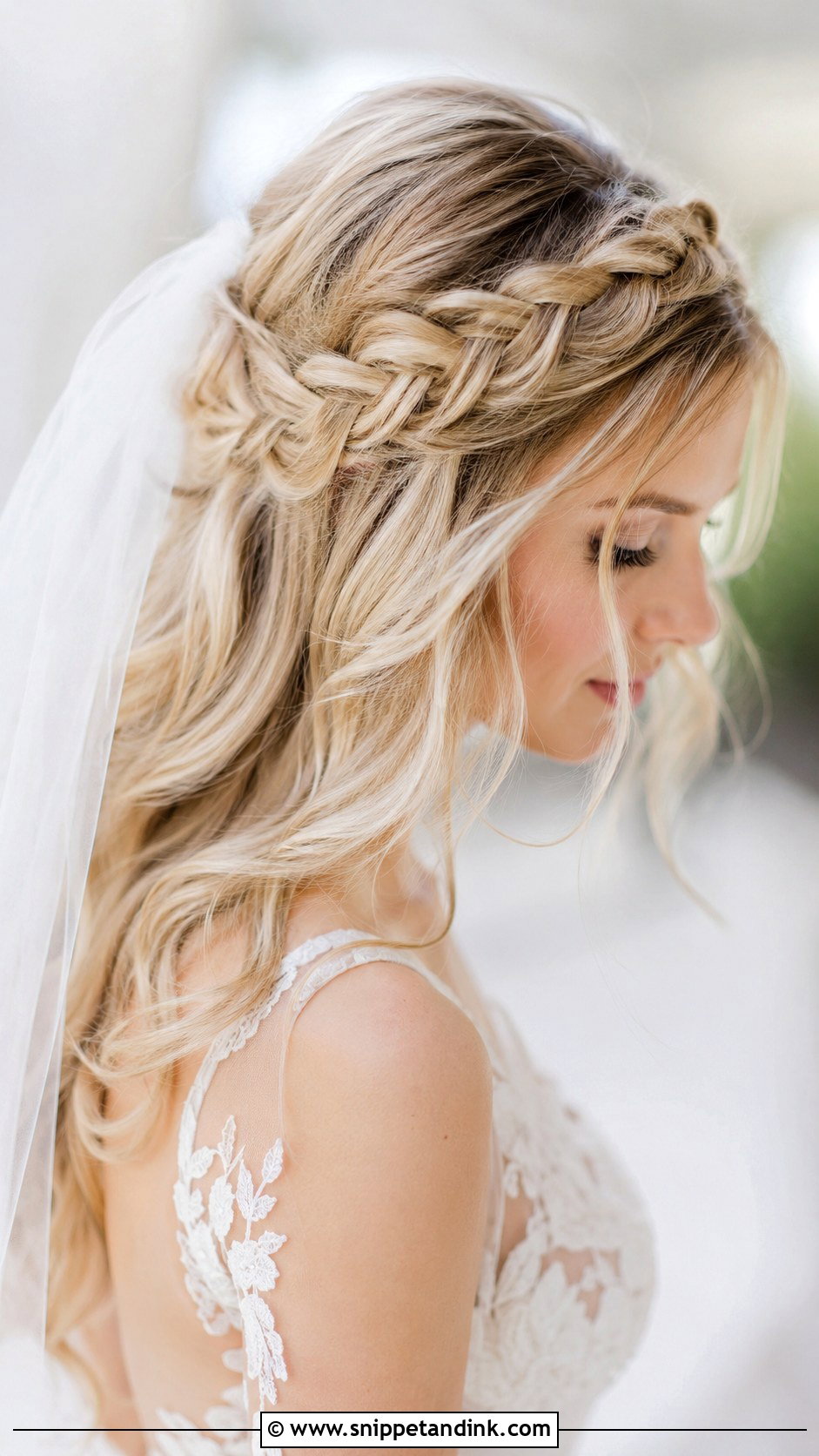 Boho Braided Crown With Veil Wedding Hairstyle - Snippet and Ink - 25 Boho Braid Wedding Hair Ideas