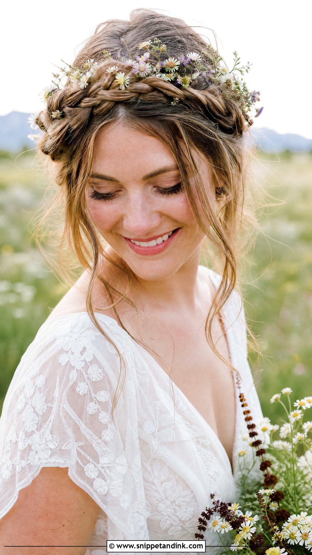 Boho Braided Crown With Wildflowers - Snippet and Ink - 20 Bridal Hairstyle with Crown Ideas