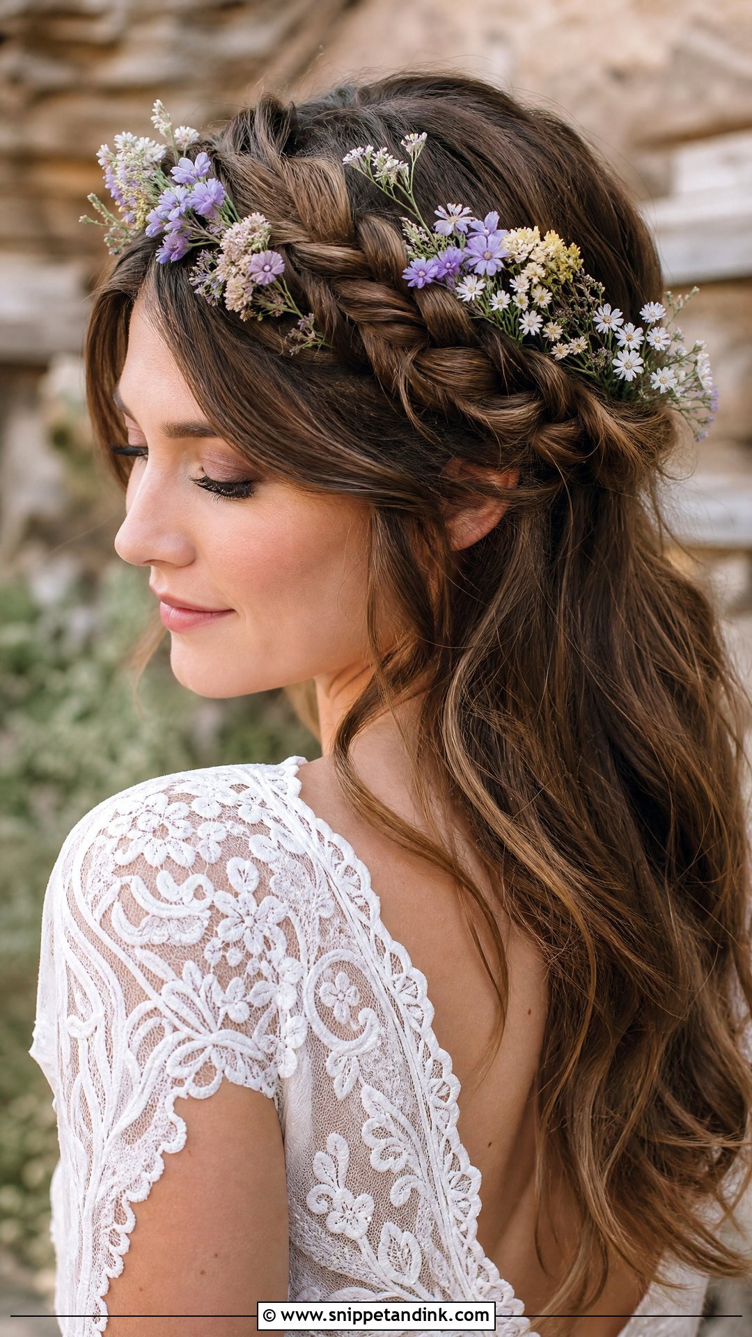 Boho Braided Crown With Wildflowers - Snippet and Ink - 20 Wedding Hair Down with Flowers