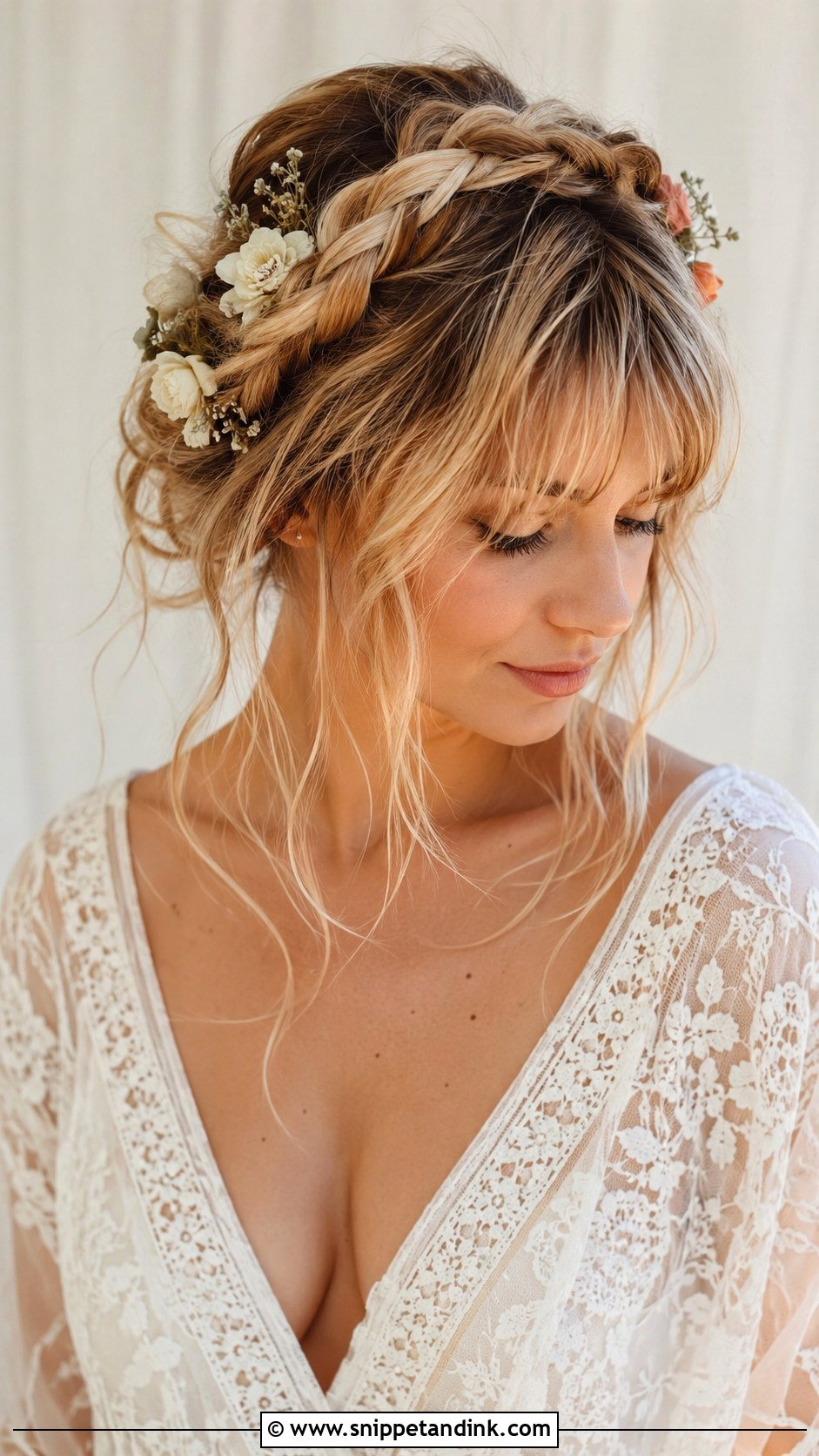 Boho Braided Crown With Wispy Bangs - Snippet and Ink - 20 Bridal Hairstyle for Big Forehead Ideas