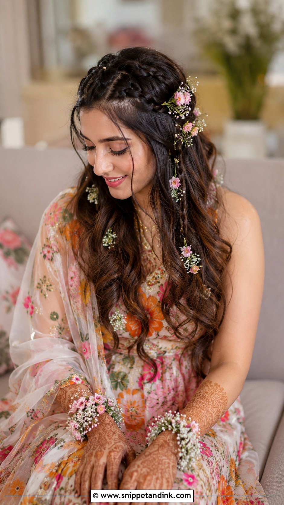 Boho Braided Hairstyle with Flowers - Snippet and Ink - 30 Mehndi Hairstyles for Bride