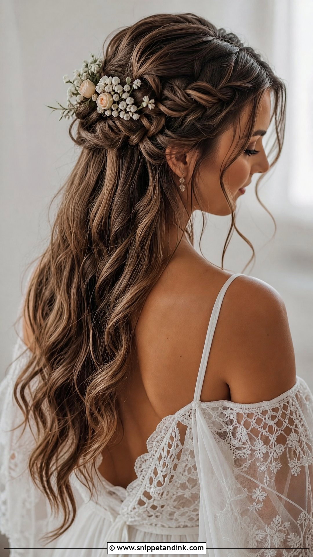 Boho Braided Half Up With Flowers - Snippet and Ink - 20 Half-Up Braid Bridal Hair Ideas