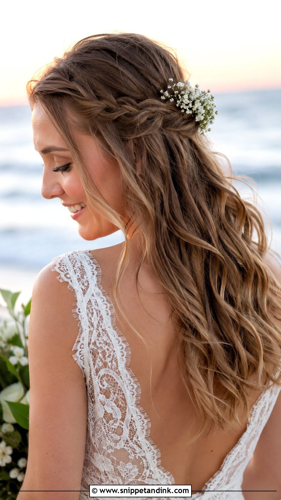 Boho Braided Half Up With Waves - Snippet and Ink - 25 Beach Bridal Hair Ideas