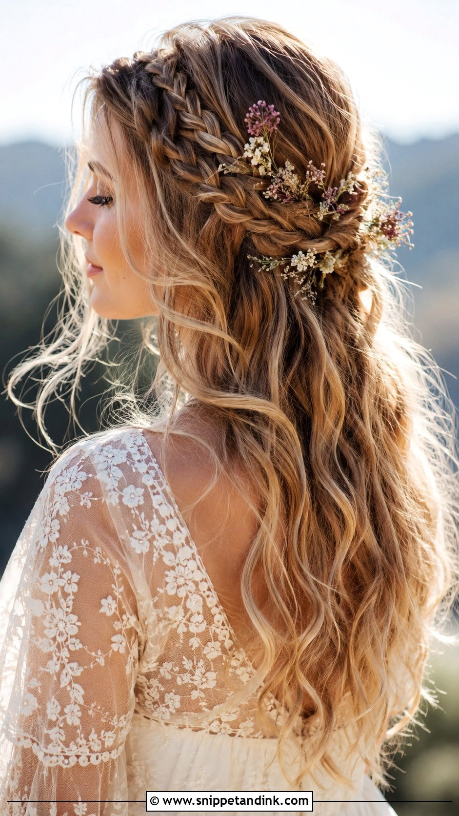 Boho Braided Half Up With Waves - Snippet and Ink - 25 Wedding Hairstyles for Long Hair Down