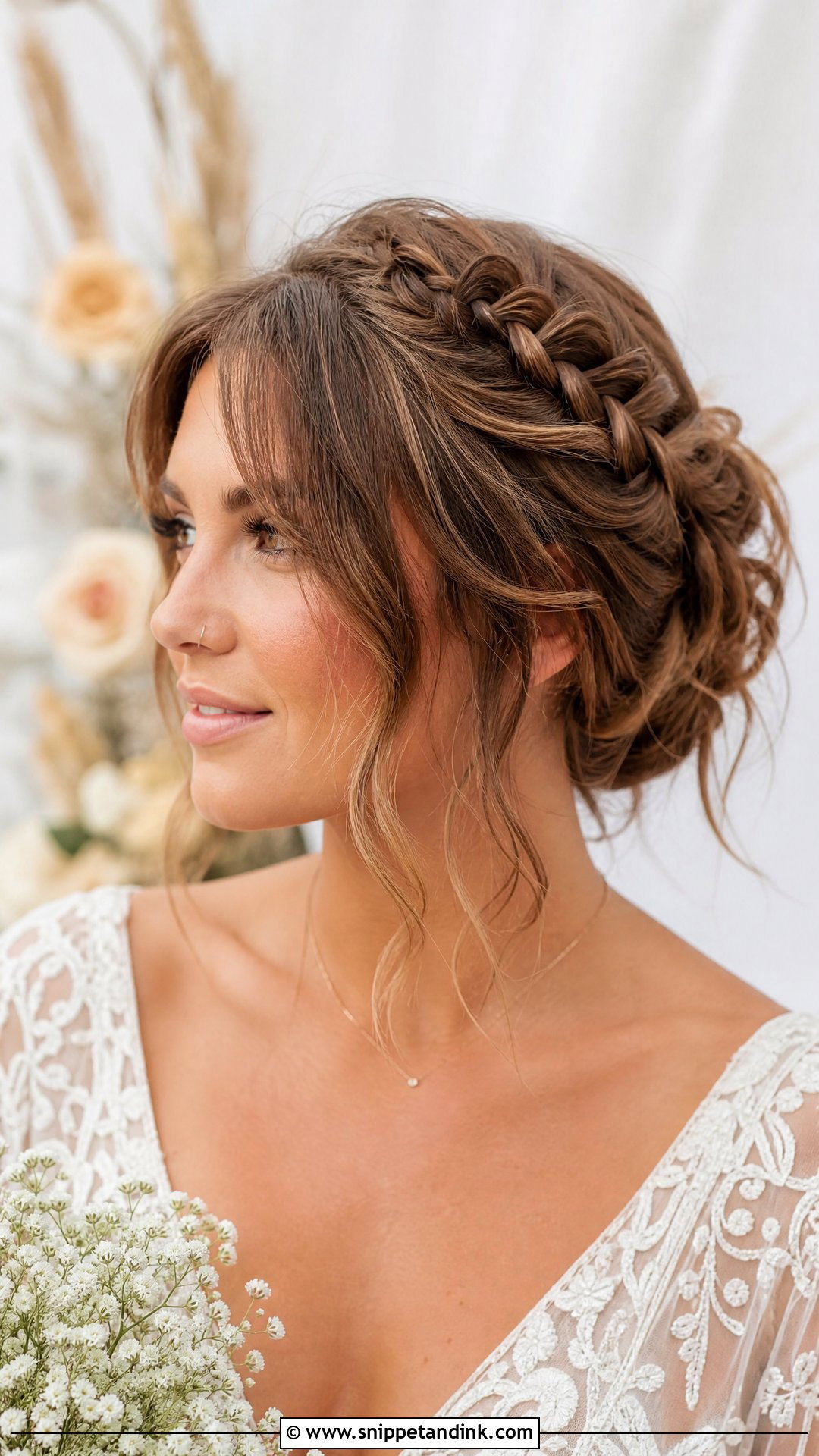Boho Braided Updo With Curtain Bangs - Snippet and Ink - 20 Wedding Hairstyles Bangs