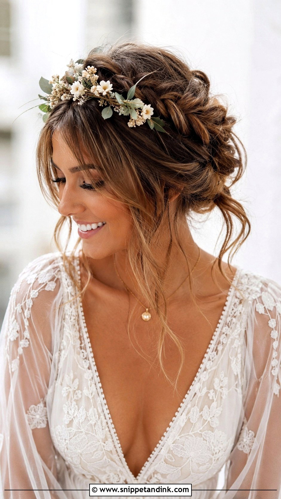 Boho Braided Updo With Curtain Bangs - Snippet and Ink - 20 Hairstyles with Bangs for Wedding